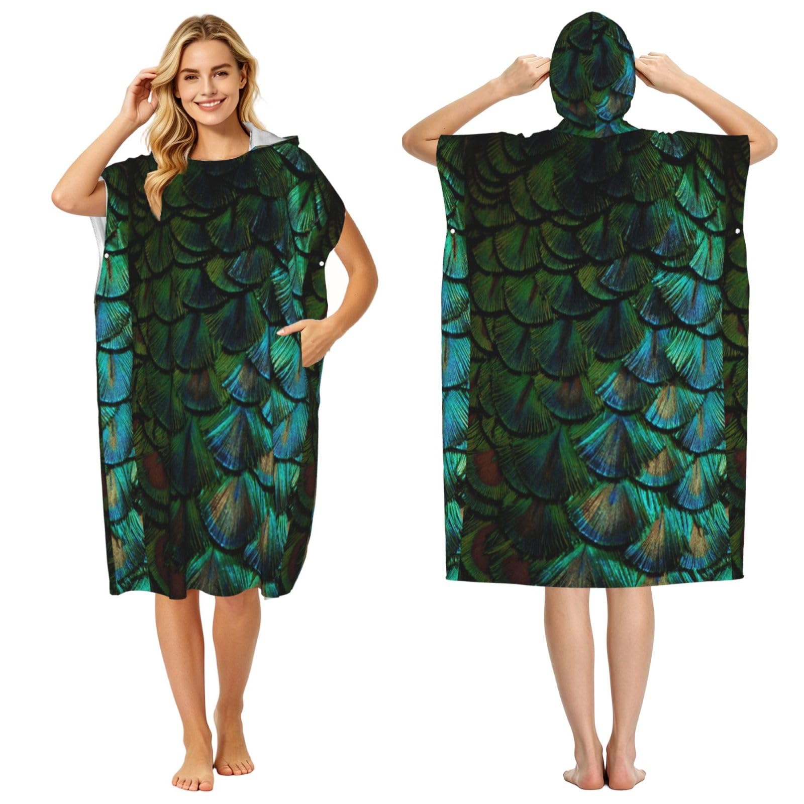 Poadnly Beautiful Peacock Feather, Adult Hooded Beach Towel 90 x 110 cm,Changing Bath Robe, Surf Poncho Towel For Women Men