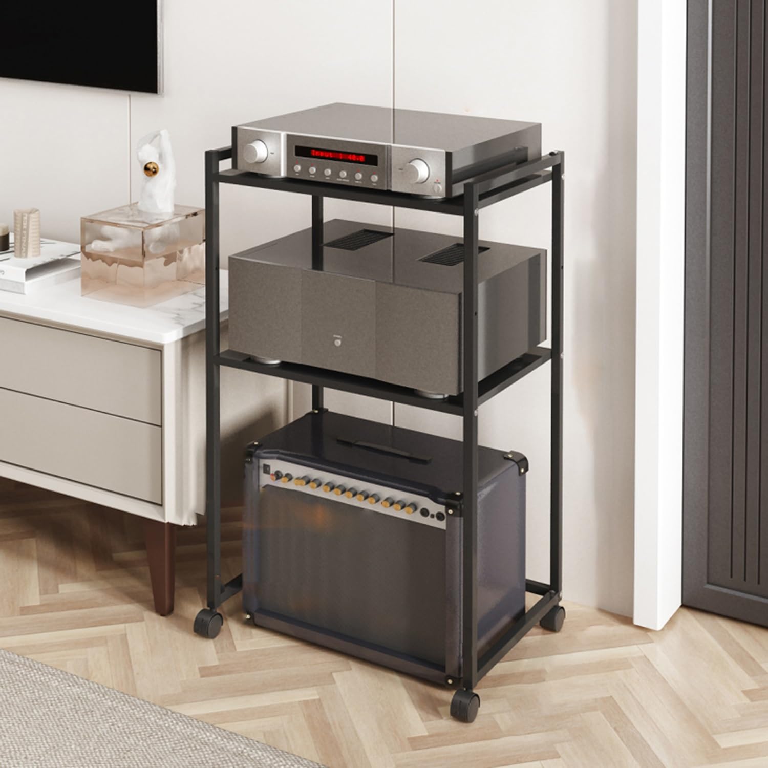 Stojak audio 3/4 – stojąca na podłodze wieża multimedialna AV z uniwersalnymi kółkami, szafka stereo, konsola multimedialna do salonu, do gier, nagrywanie DVD i konsola do gier, 50 x 35 x 88 cm