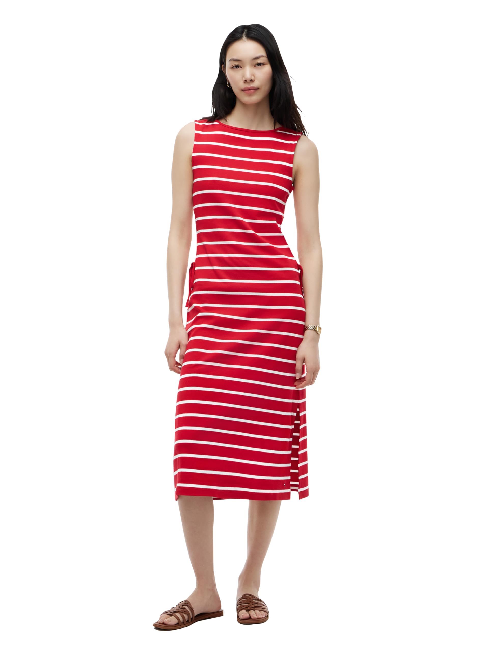 Tommy Hilfiger Women's Sleeveless Cotton Boat Neck Midi Dress with Waist Ties, Business Casual Dress