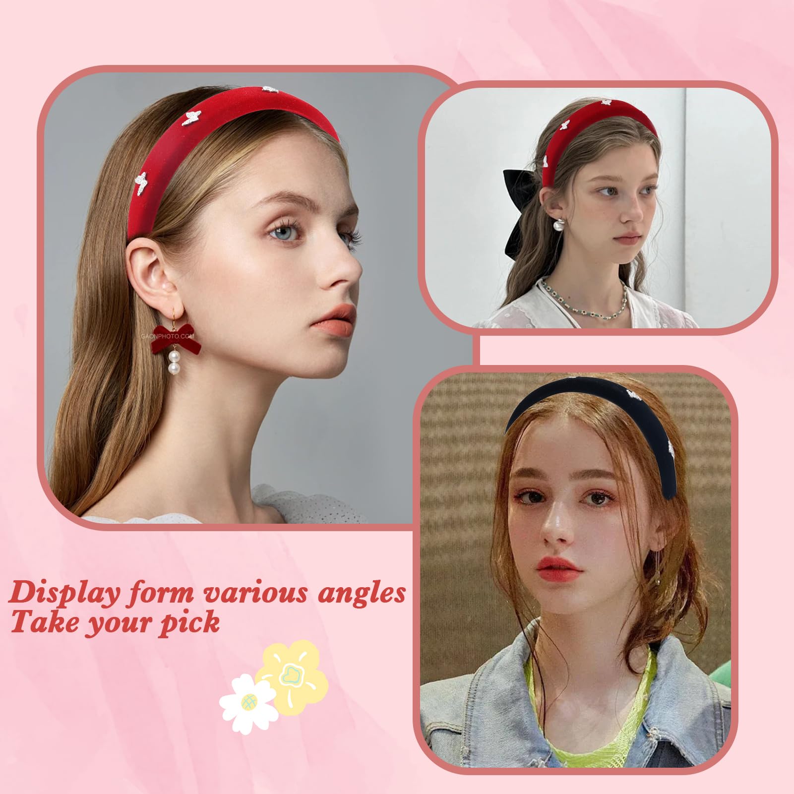 Diadema de terciopelo negro para mujeres y niñas, con diamantes de imitación y mariposa, paquete de diademas anchas antideslizantes y gruesas, para adultos, diademas suaves para cabello largo, corto,