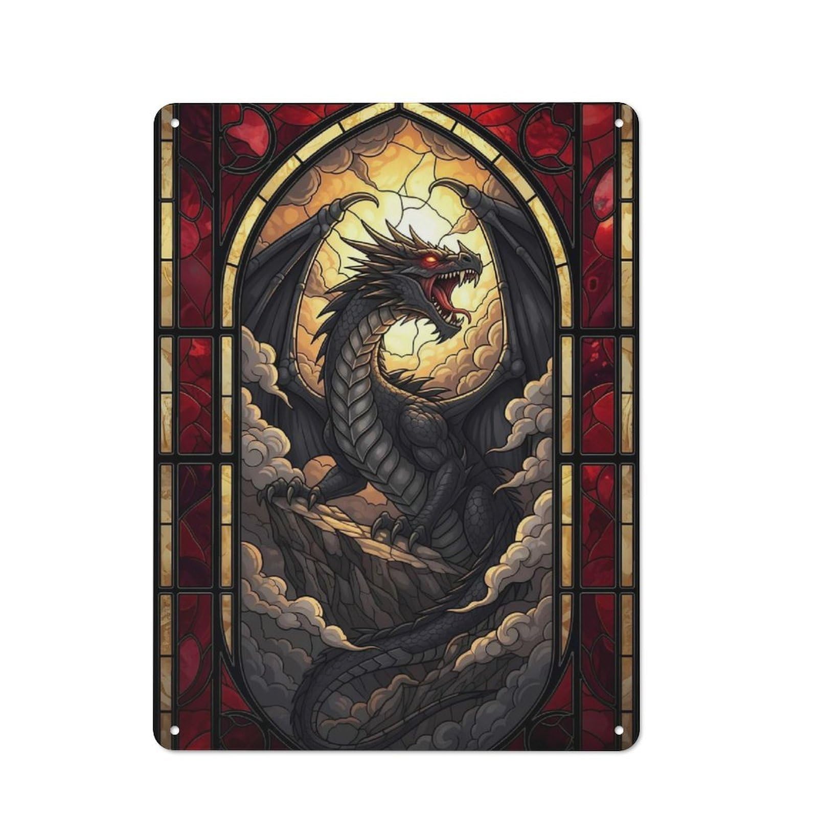 Junmoney Stained Glass Dragon Metal Plaque 40X30cm With For Home Bar Wall, Retro Decor, For Garage, Workshop And Man Cave Decoration