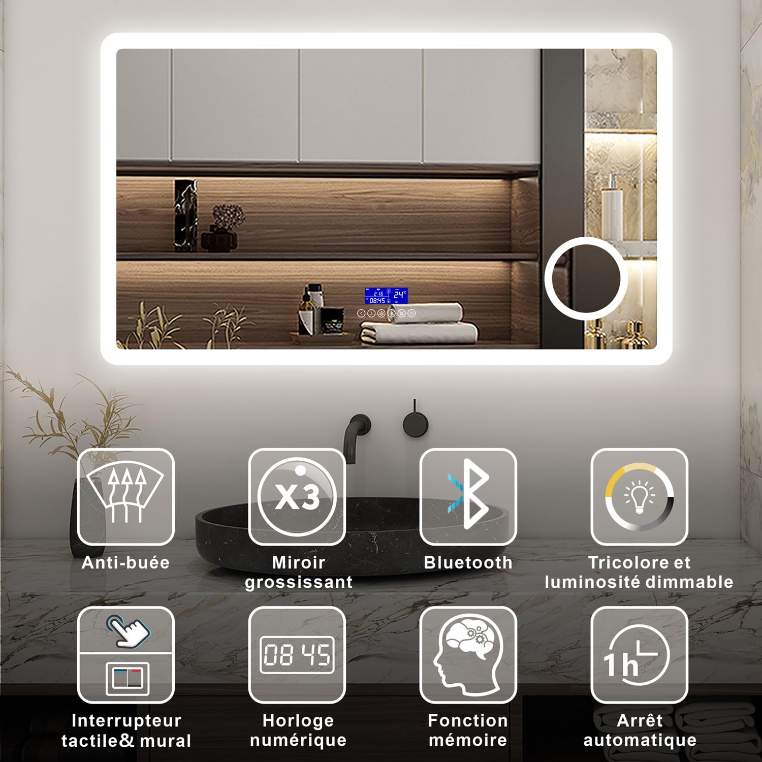 AICA Miroir Salle de Bain 120 x 70cm, Bluetooth + 3 Couleurs + dimmable + grossissant + Horloge + Anti-buée + mémoire, Miroir Lumineux