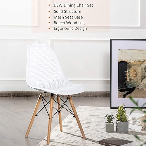 Miniatura 6 de Moccha - Juego de 4 sillas de comedor DSW, sillas auxiliares Shell PP con patas de madera de haya y diseño de malla, sillas laterales modernas