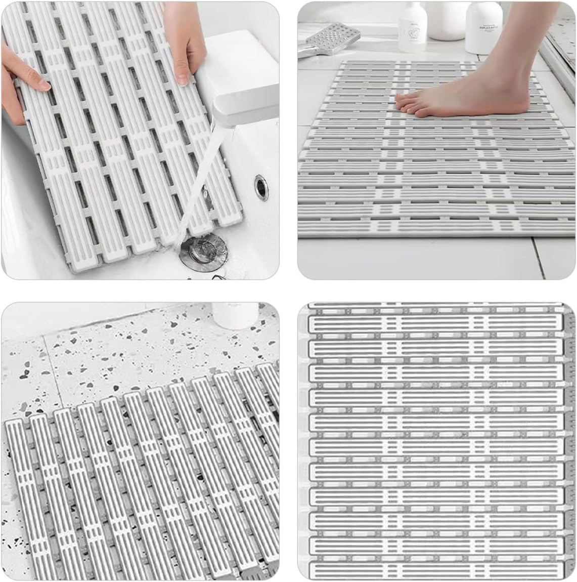 Cabilock Anti-Slip Bathroom Mat with Suction Cups Cuttable Non-Skid Shower Floor Pad TPE Wear-Resistant Bath Mat with Drainage Light Gray for Bathtubs Saunas Hotels Elderly Safety