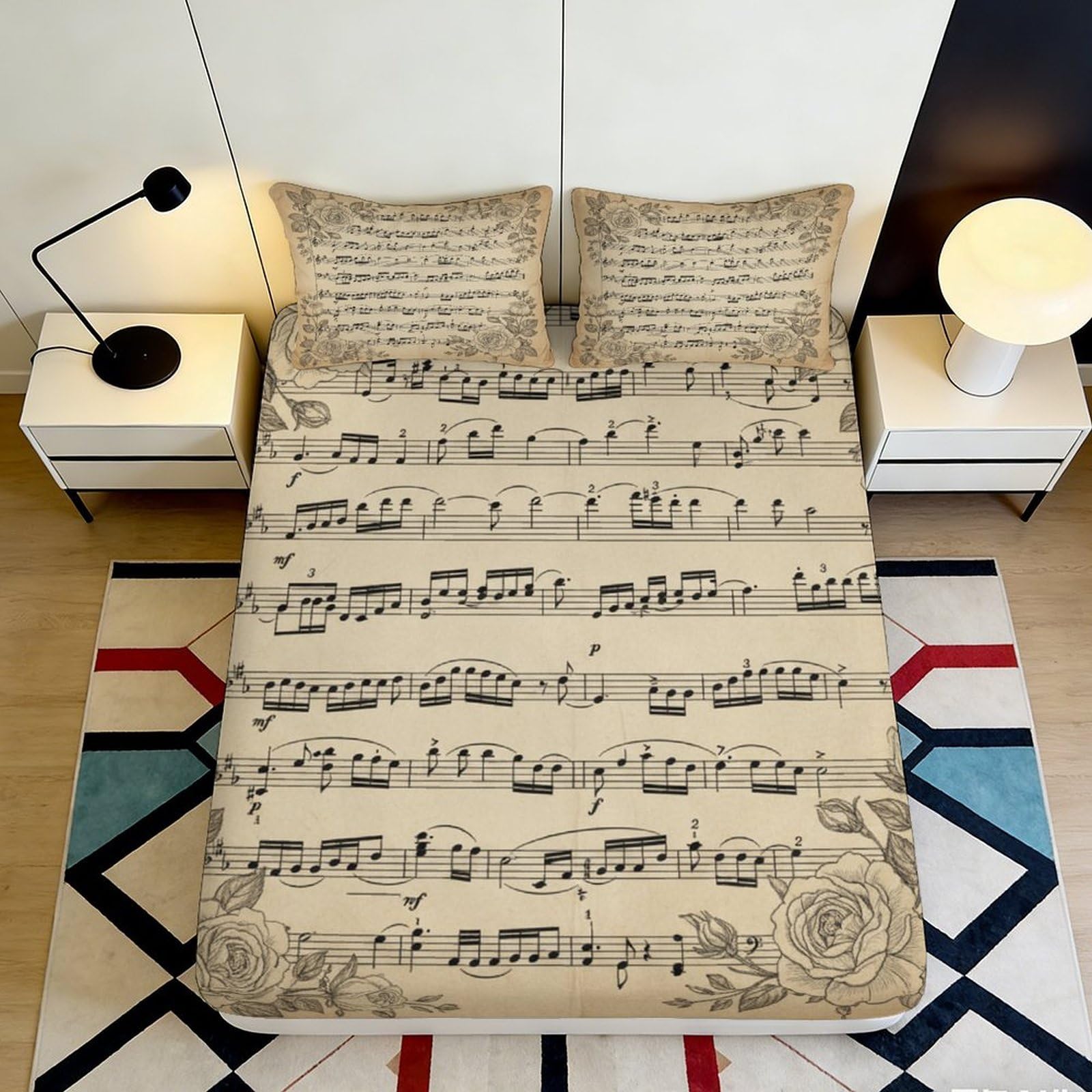 3D Printed Vintage Music Fitted Sheet Deep Pocket Microfiber Non-Slip Bedroom Bedding Musical Mattress Fitted Cover Washable 90x200x25cm
