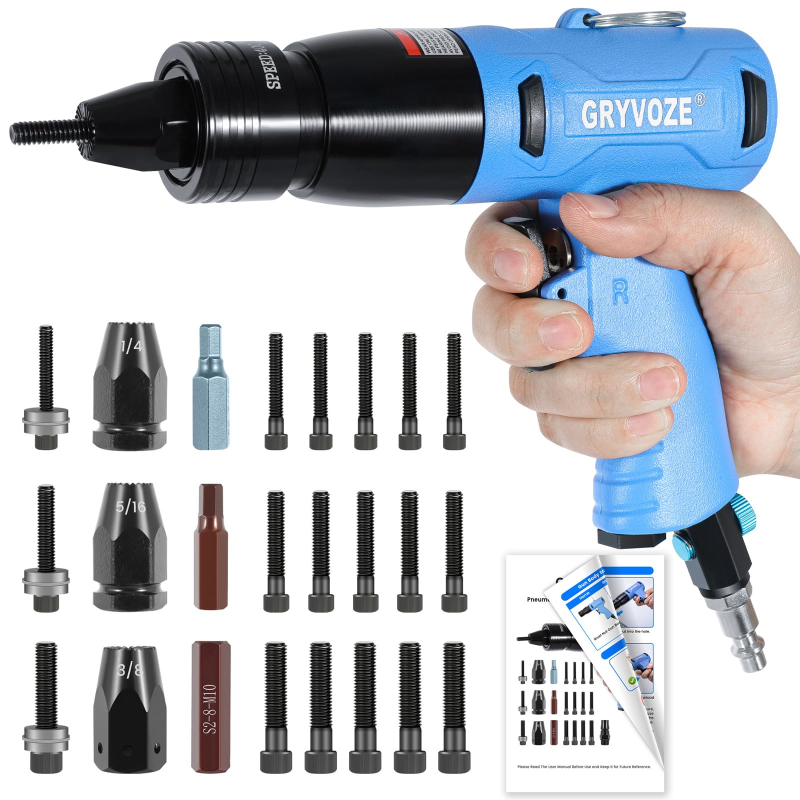 GRYVOZE Pneumatic Rivet Nut Gun Kit with 1/4 & 5/16 & 3/8 Mandrels, Industrial Grade Air Rivnut Tool Set with Self-Locking Head Gun, Air Riveter Nut Gun for Threaded Nutsert Insert Installation