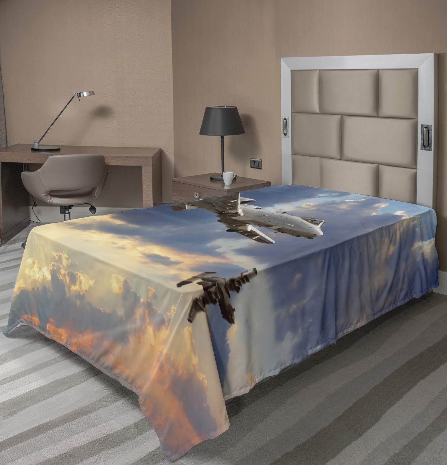 Ambesonne Airplane Flat Sheet, Peacekeepers Mission Jet up International Flight Picture Aviation Theme Image, Soft Comfortable Top Sheet Decorative Bedding 1 Piece, TwinXL Size, Blue Grey