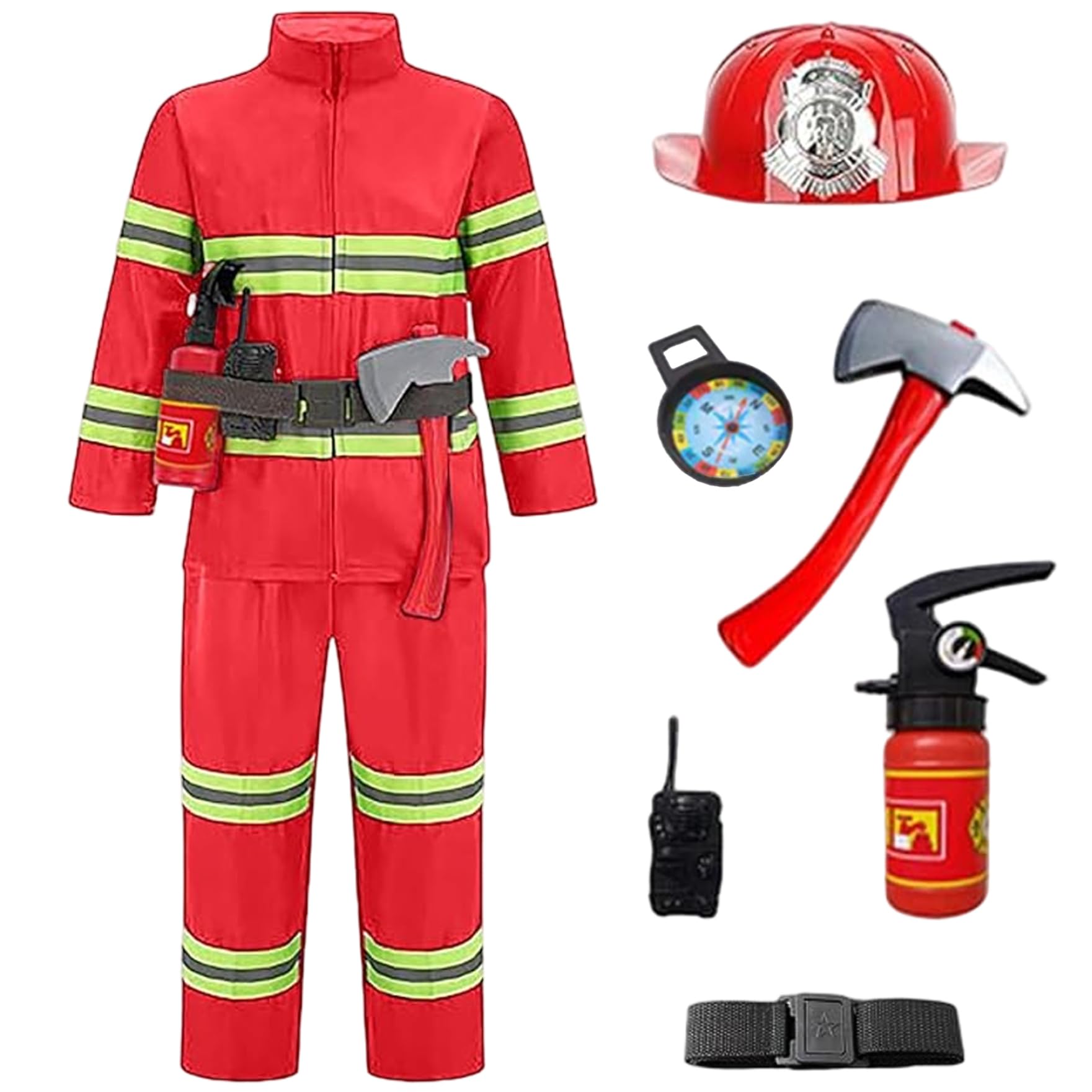 Costume da Pompiere per Bambini Costume da Pompiere da 8 Pezzi per Bambini con Casco di Sicurezza Cappello ed estintore per Ragazzi e Ragazze