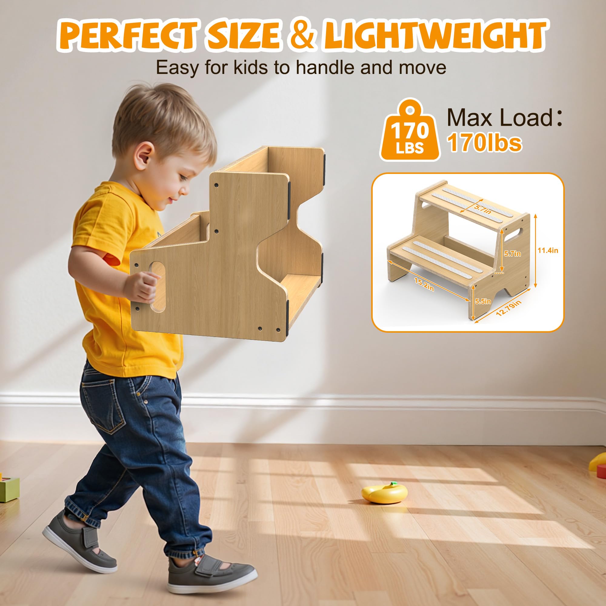 2-stufiger Holzhocker für Kleinkinder, 2 Stück, mit rutschfester Oberfläche und Pads, Griffe für Badezimmer, Küche, Schlafzimmer, Toilette, Töpfchentraining