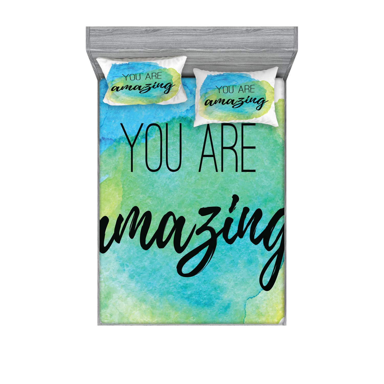 Ambesonne Lifestyle Fitted Sheet & Pillow Sham Set, You are Inspirational Words on Watercolor Painbrush Design Print, Decorative Printed 3 Piece Bedding Decor Set, Calking, Sky Blue Green