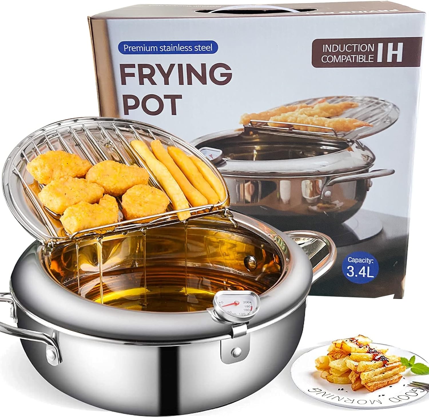 Deep Fryer Pot, 9.4 Inch/3.4 L Japanese Tempura Small Deep