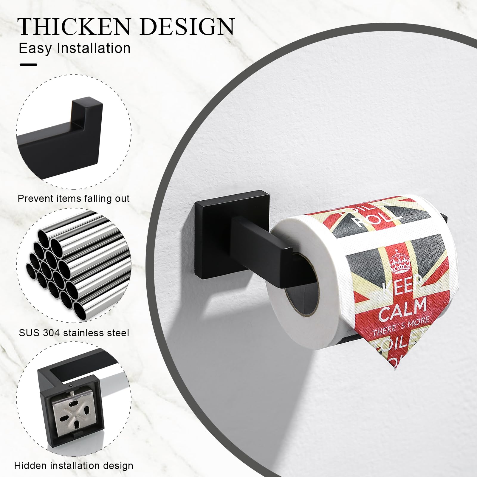 TURS Negro Toalleros de Aro Acero Inoxidable Toallero de Estilo Montado en Pared e Anilla INOX 304 Chrome Accessori Bagno de Toalla Soporte de Toalla Nero