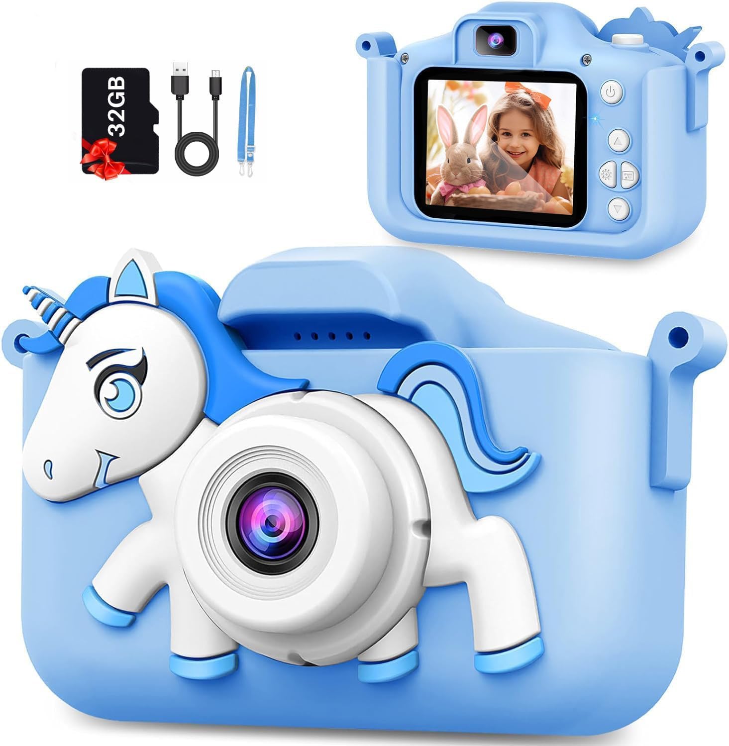 Kids Camera Toys for 3-12 Year Old Girls Boys Children Digital Video Camera for Toddlers 1080P Selfie Camera with Cartoon Soft Silicone Cover Blue