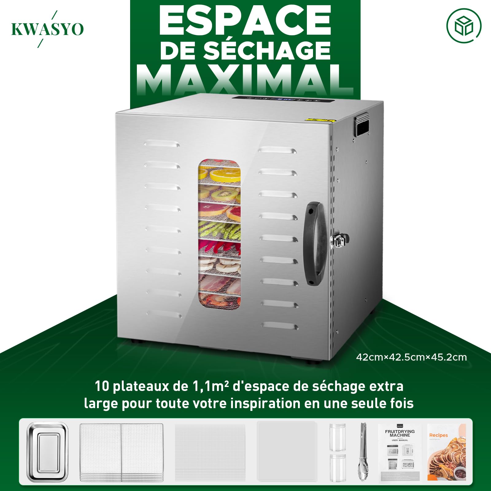 Kwasyo Déshydrateur Alimentaire, 10 Plateaux Desydratateur avec Minuteur (24H) Deshydrateur de Fruit et Legumes Température Réglable (30 à 90°C), Livre de Recettes