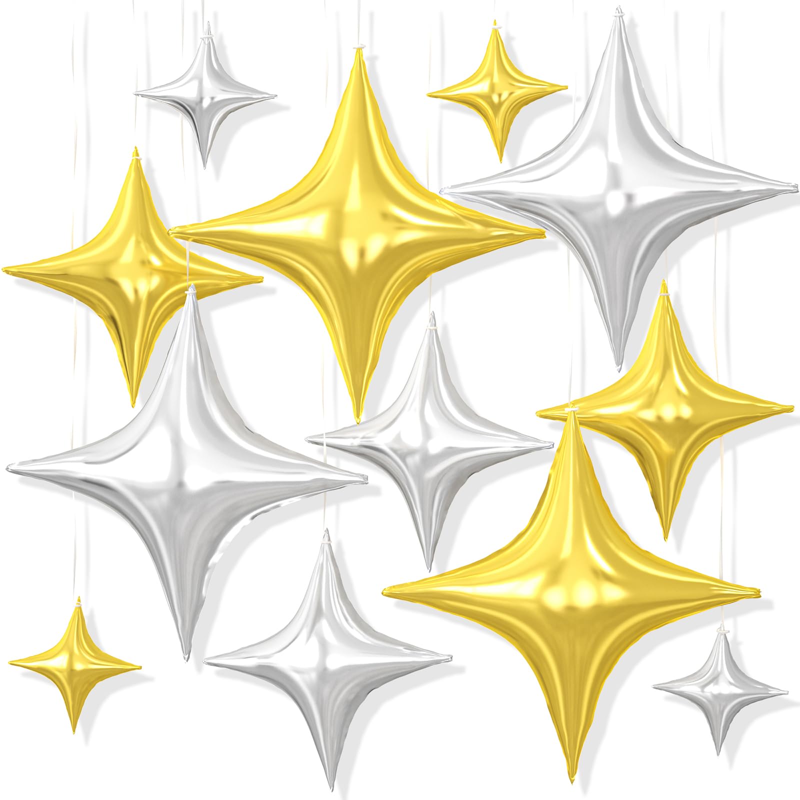 Dagelar 12PCS Star Balloons, 26/18/10 Inch Star Foil Balloons, Metallic Four Pointed Stars Balloon for Birthday Baby Shower Graduation Wedding Anniversary New Year Party Decoration, Silver Gold