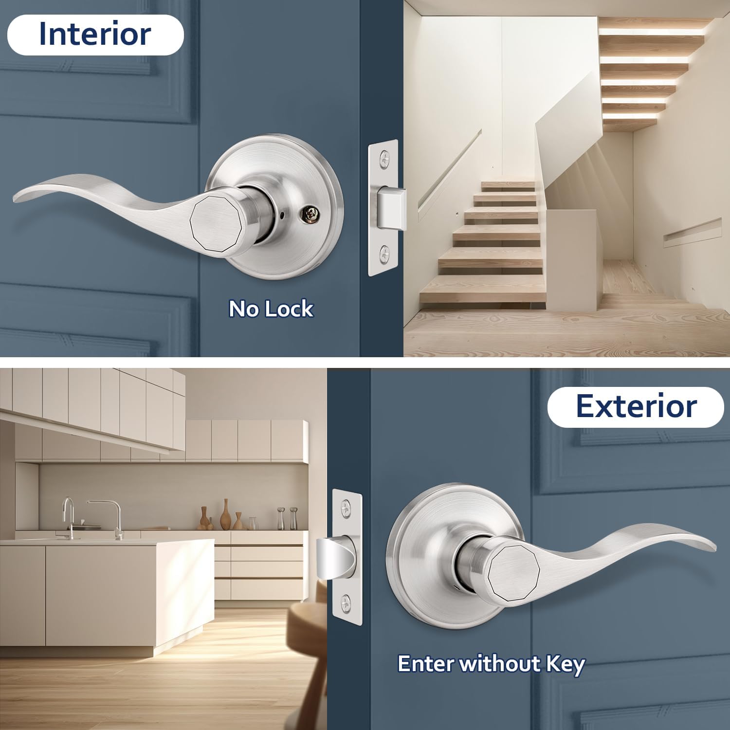 Hallway Closets Interior Door Knobs Lever Unlocking No Keys Passage Door Handles Brushed Nickel Finish-Wave Style Drop Door Levers Contemporary Satin Nickel Durable Door Hardware-2 Pack