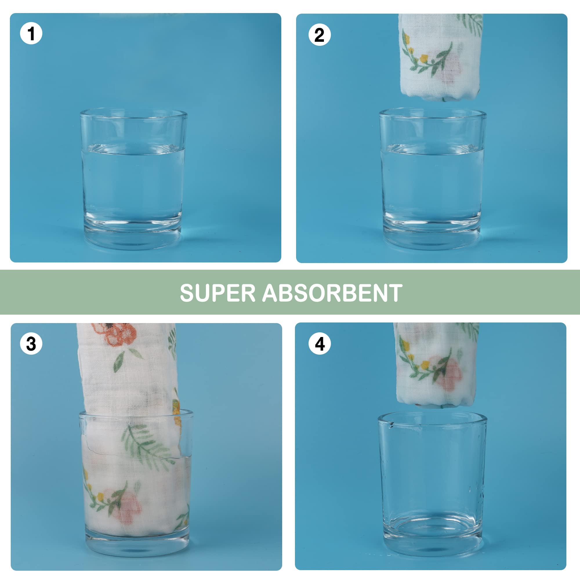 lasoftan - Paños de muselina para bebé, 100 % algodón, súper absorbentes, suaves, toallas de baño para bebés, niñas y niños, gran regalo para recién nacidos, 10 x 20 pulgadas, paquete de 4, hojas y