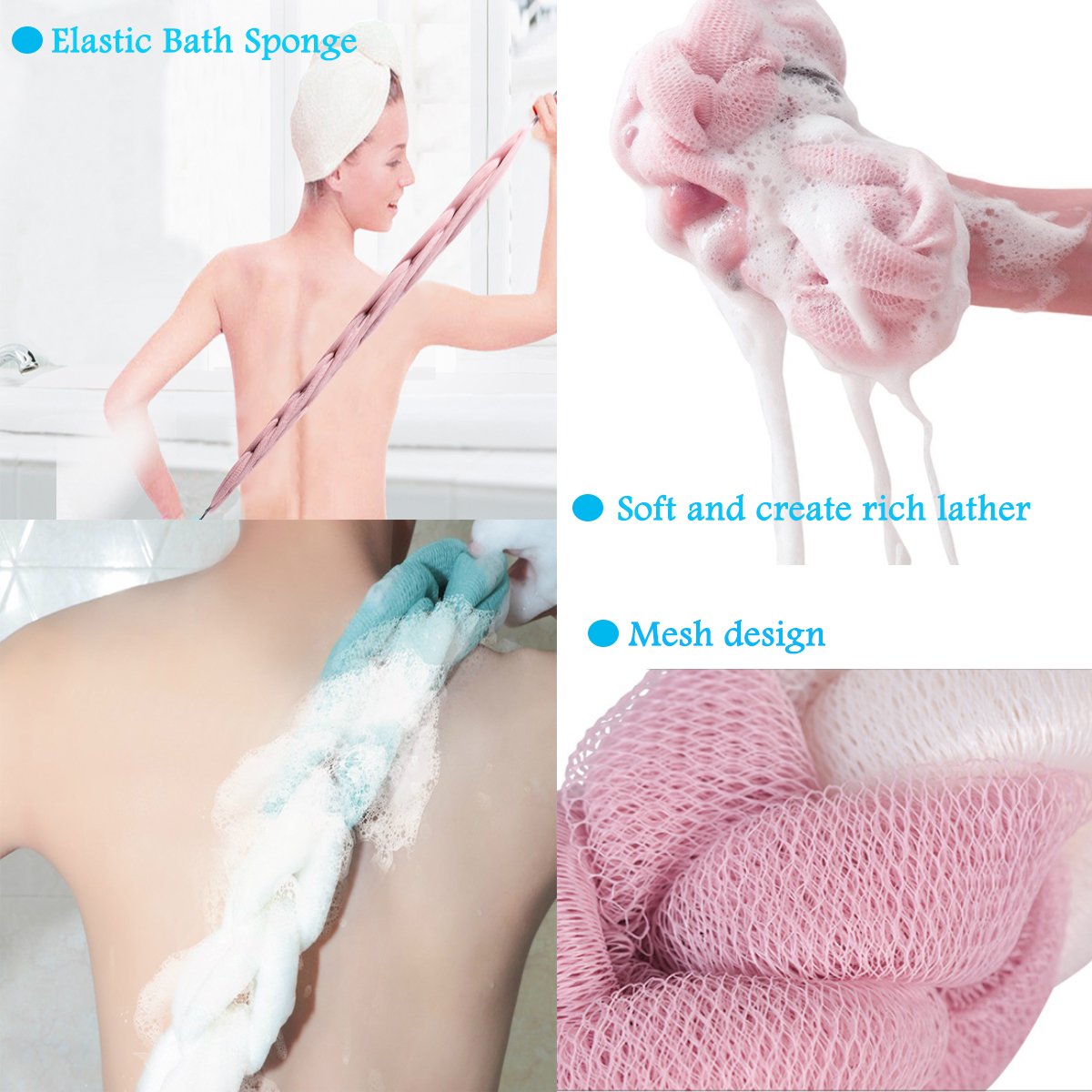 Back Scrubber Bamyko Bath Shower Mesh Sponge Exfoliating Body Scrub Braided Loofah Stretch 2 Pack + Loofah Pad