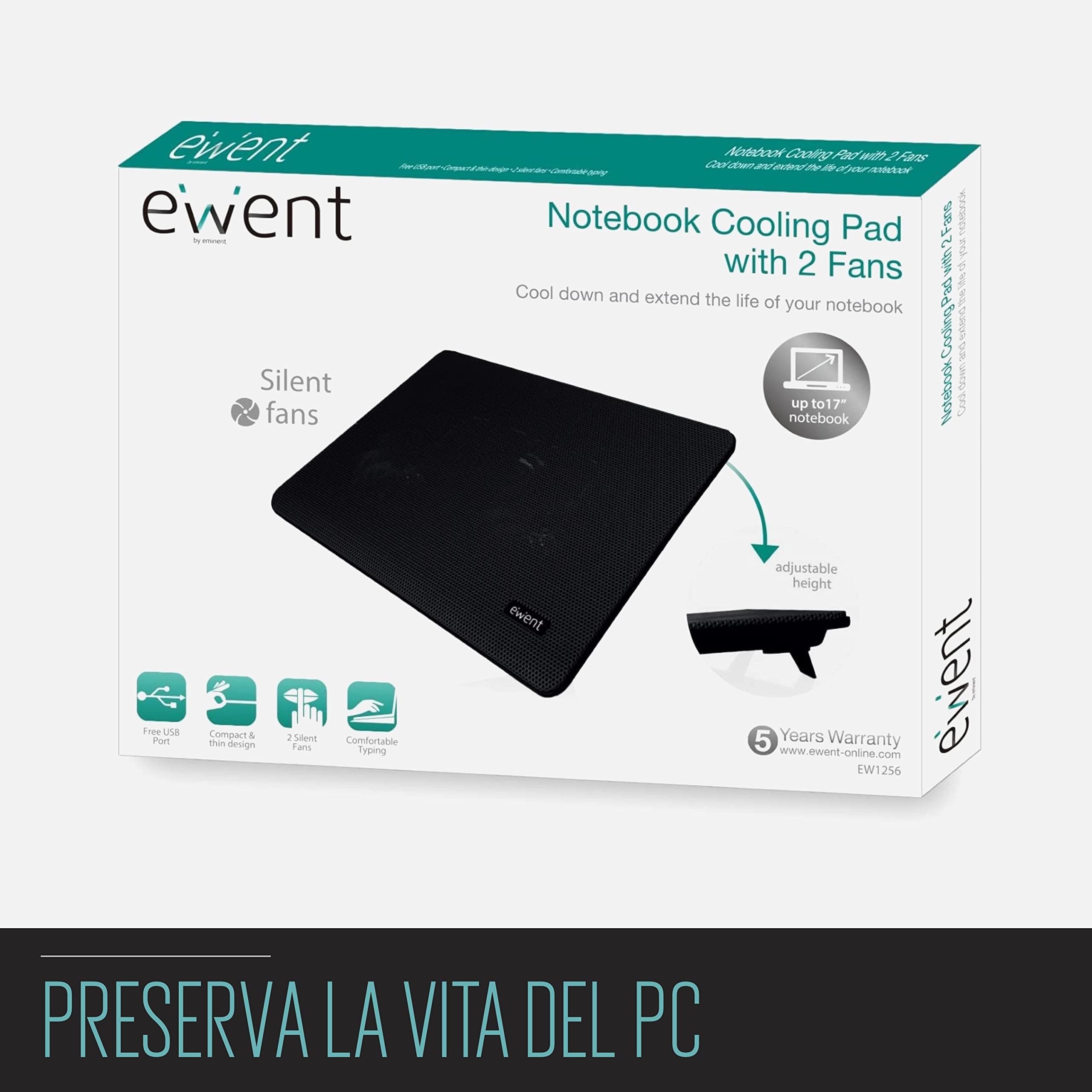 Ewent EW1256 Pad di raffreddamento a 2 ventole per Notebook fino a 17", Nero 34 x 25 x 2 cm
