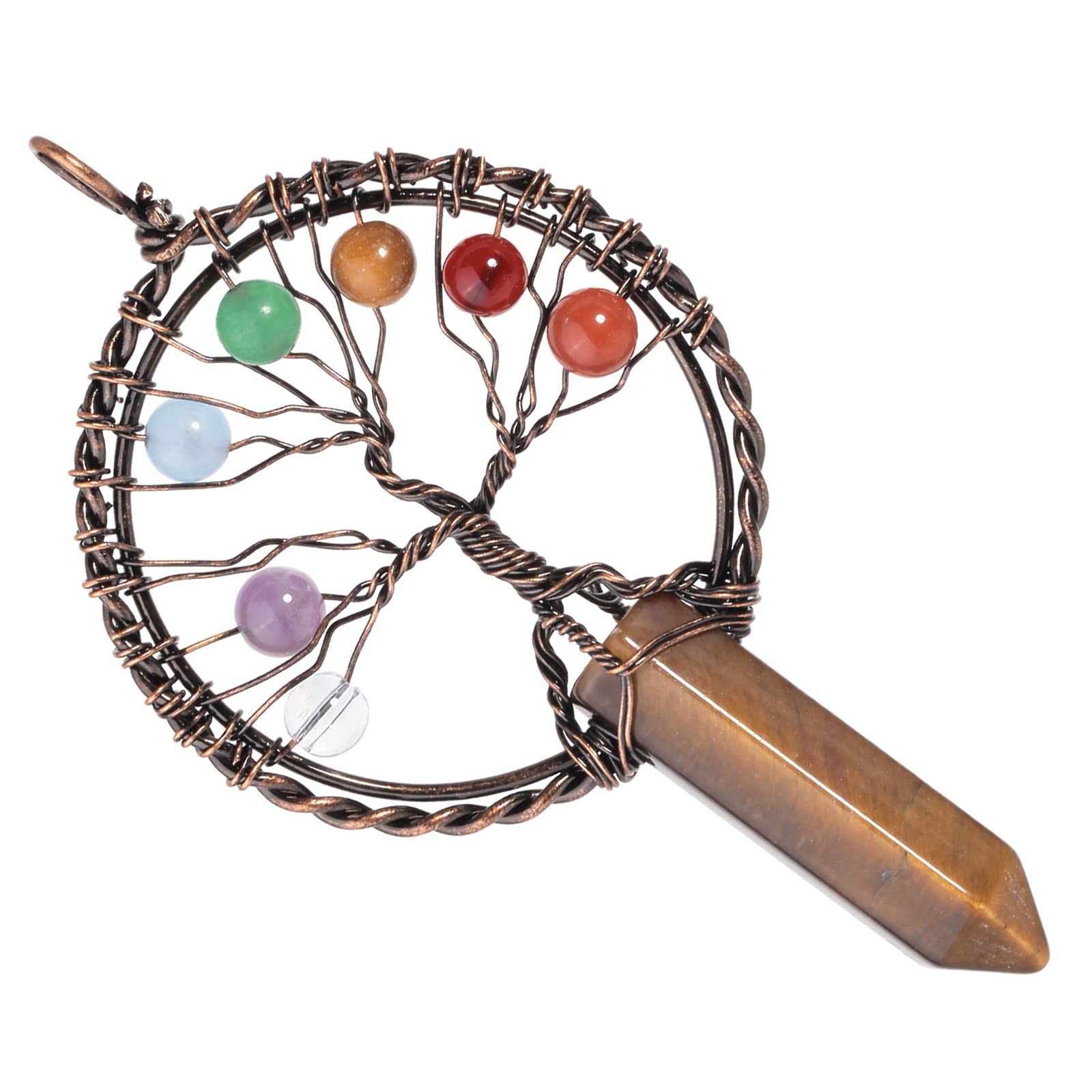 mookaitedecor 7 Chakra Tree of Life Necklace Tigers Eye Crystal Necklace for Women Brown Healing Crystal Necklace Semi Precious Stone Pendant Necklace Boho Crystal Gemstone Necklace Jewellery Gift