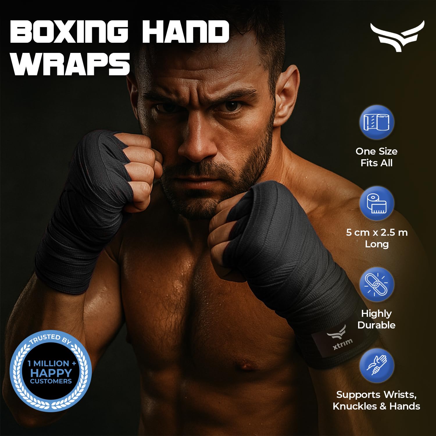 Xtrim Boxing Hand Wraps with Velcro Closure, Polyester Cotton, 5cm x 2.5m | for MMA, Muay Thai, Kickboxing, Training Accessories, Black, Set of 2