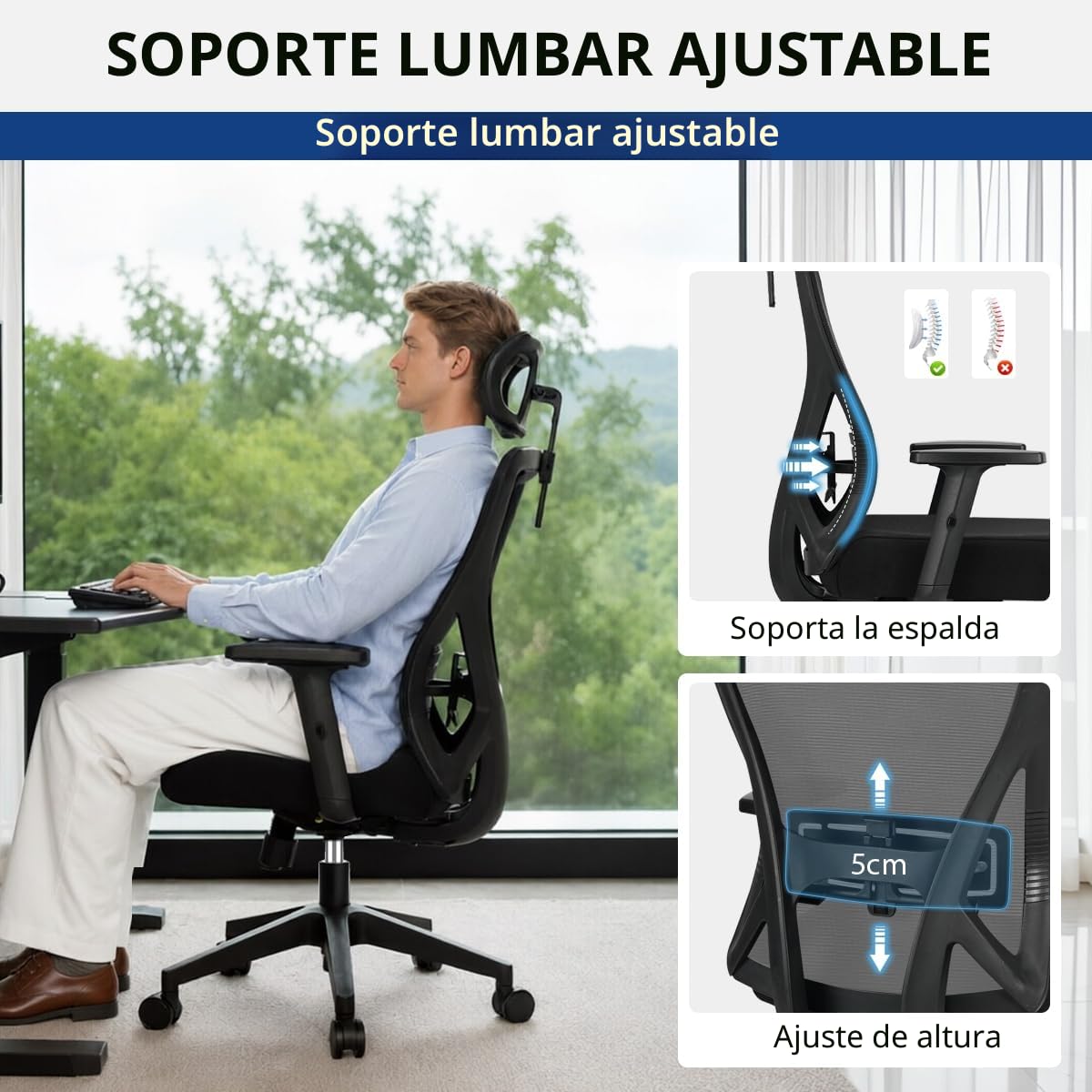Durrafy Silla de Oficina Ergonómica, Reposacabezas y Soporte Lumbar Ajustables, Malla Transpirable, 120° Inclinación（No se Puede Bloquear）, 360° Giratoria, Carga 150kg. (Negro)