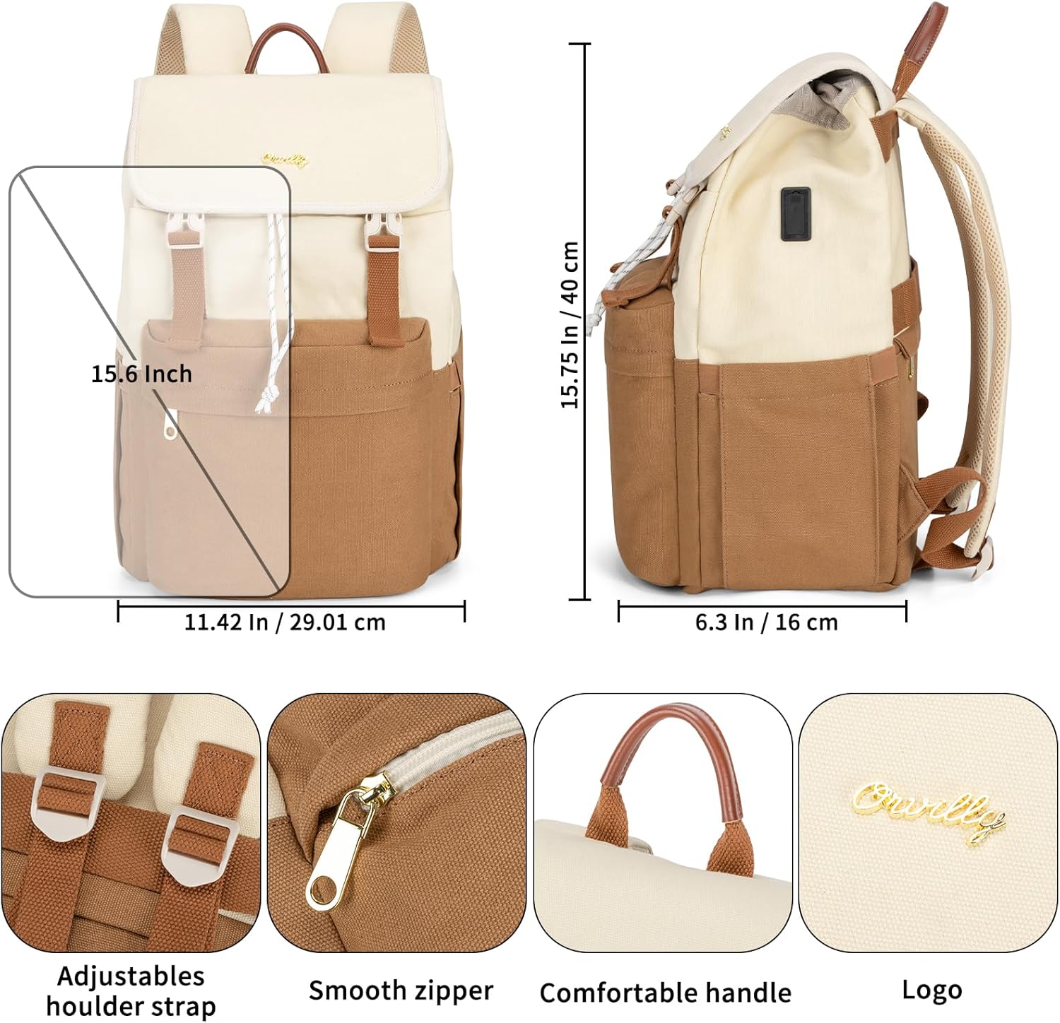 Orvilly Vintage Canvas Laptop Backpack for Women,15.6" Laptop College Rucksack with USB/Type-C Charging Port,Fashion Lightweight Bookbag Hiking Casual Daypack Backpacks for Travel Work（Brown & Beige） - Image 4