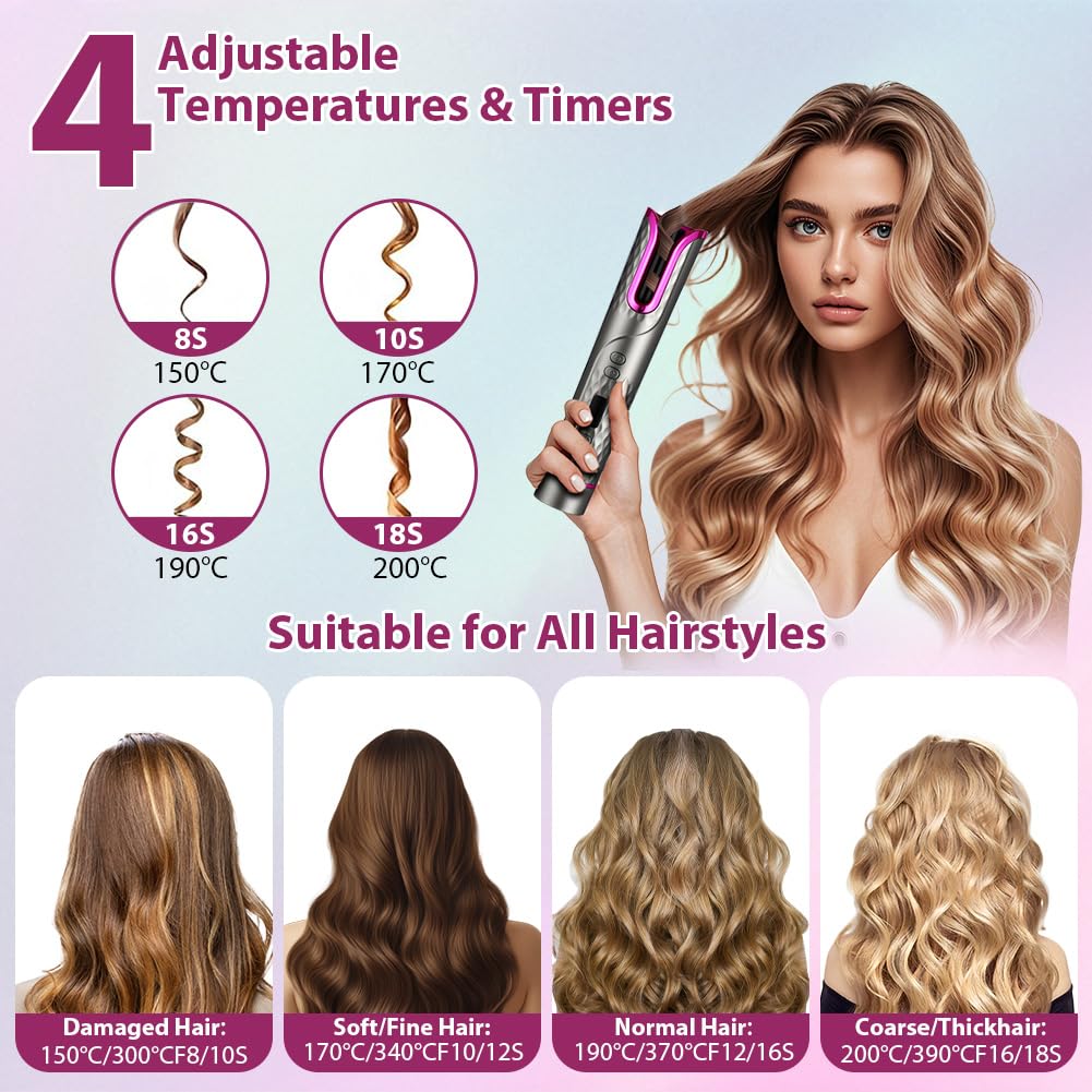 Flintronic Fer a Boucler Cheveux Automatique, Boucleur a Cheveux Sans Fil, Boucleur Céramique USB Rechargeable, avec 6 Réglages de Température & Minuteur, Anti-brûlure, pour Cheveux Longs/Courts