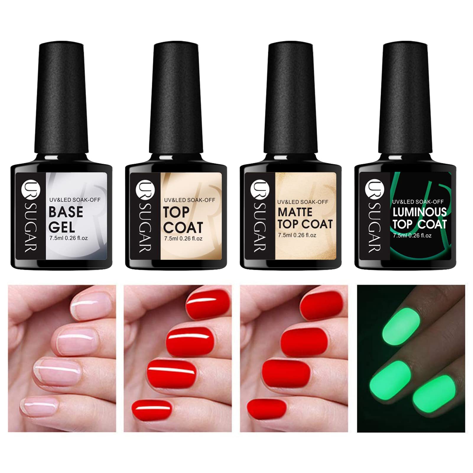 No Wipe Base and Top Coat, 4 Pcs Glow in The Dark Matte Glossy Shine Finish Gel Base Top Coat Kit Long Lasting Soak Off LED Gel Nail Polish For Home DIY and Nail Salon