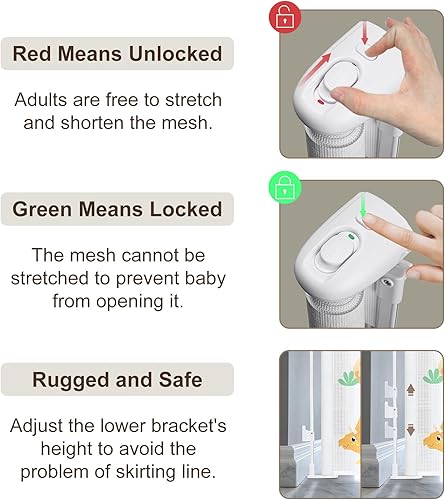 Miniatura 4 de Puerta retráctil para bebés y perros, 34 pulgadas de alto, se extiende hasta 130 pulgadas de ancho, puerta de malla de seguridad para escaleras,