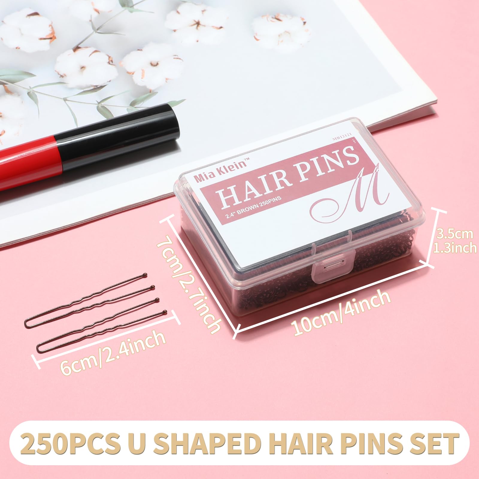 Mia Klein U-förmige Haarnadeln, 6,1 cm, 250 Stück, professionelle Haarstylingnadeln für Frauen, Mädchen und Friseursalons, inklusive transparenter Aufbewahrungsbox für Hochsteckfrisuren und Dutthaare
