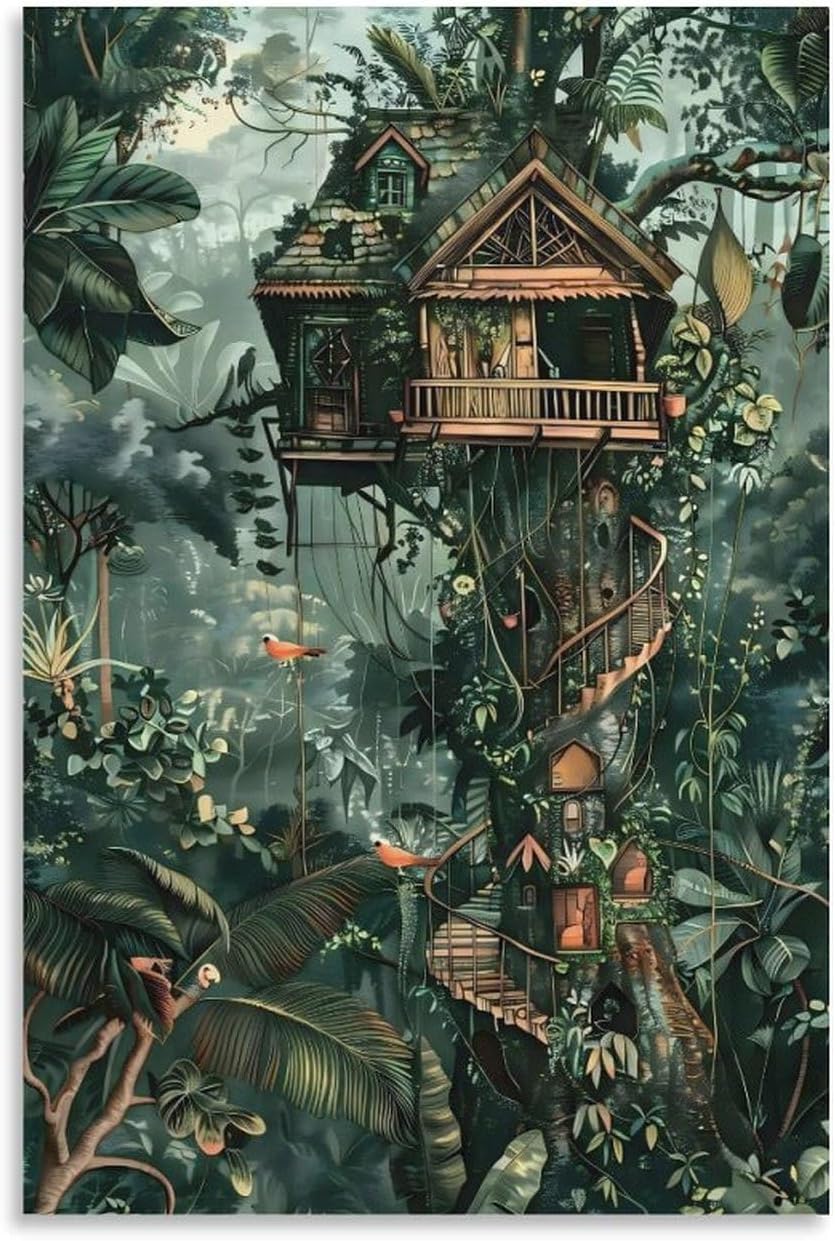 Henri Rousseau Jungle Treehouse Canvas Printing Wall Art Prints Wall Decor Posters Vintage Tropical Rainforest Landscape for Living Room Bedroom Office Scandinavian Style Decor 16x24inch(40x60cm)