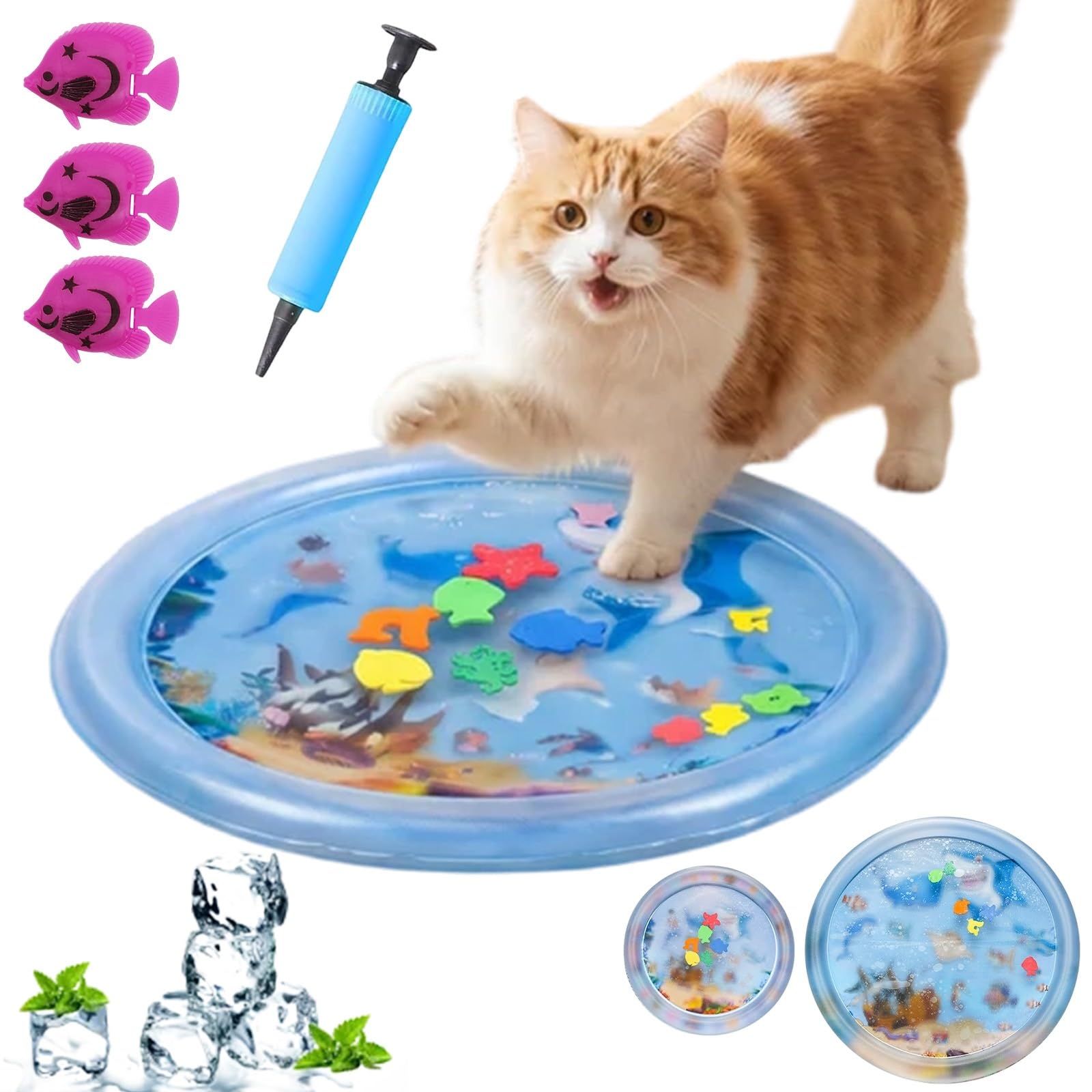 Liocwocne Cooling Game Water Bed for Cats, Inflatable Cooling Mat Cat with Moving Fish, Interactive Water Play Mat with Sea Animals, for Dogs And Cats Indoors and Outdoors(65CM)