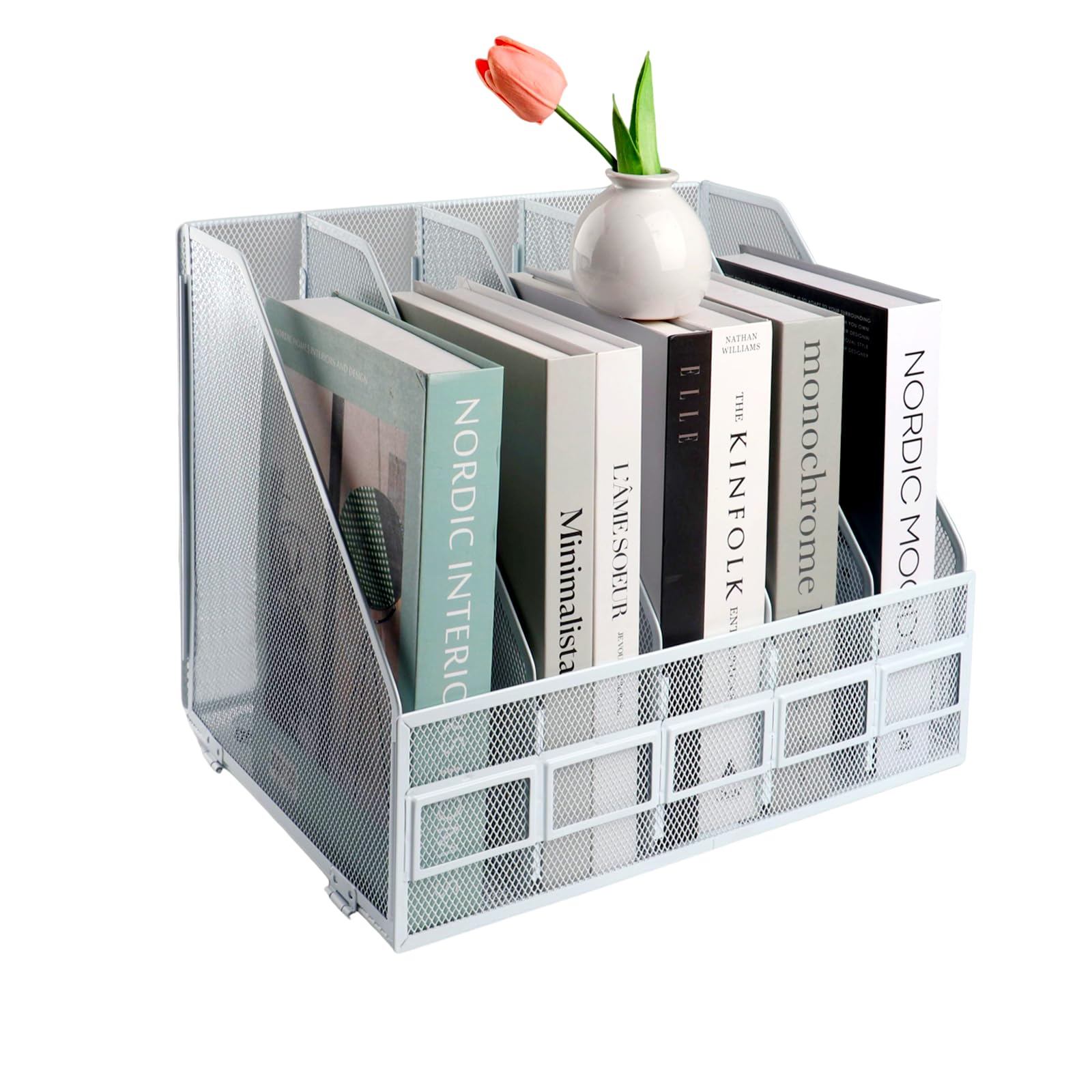 HMXLJJY Mesh Metal A4 Magazine File Holder, Desktop 5 Sections Document Holder Office File Storage Rack for Desk Tidy, Paper Organiser Filing Rack,5 Compartments,(White)