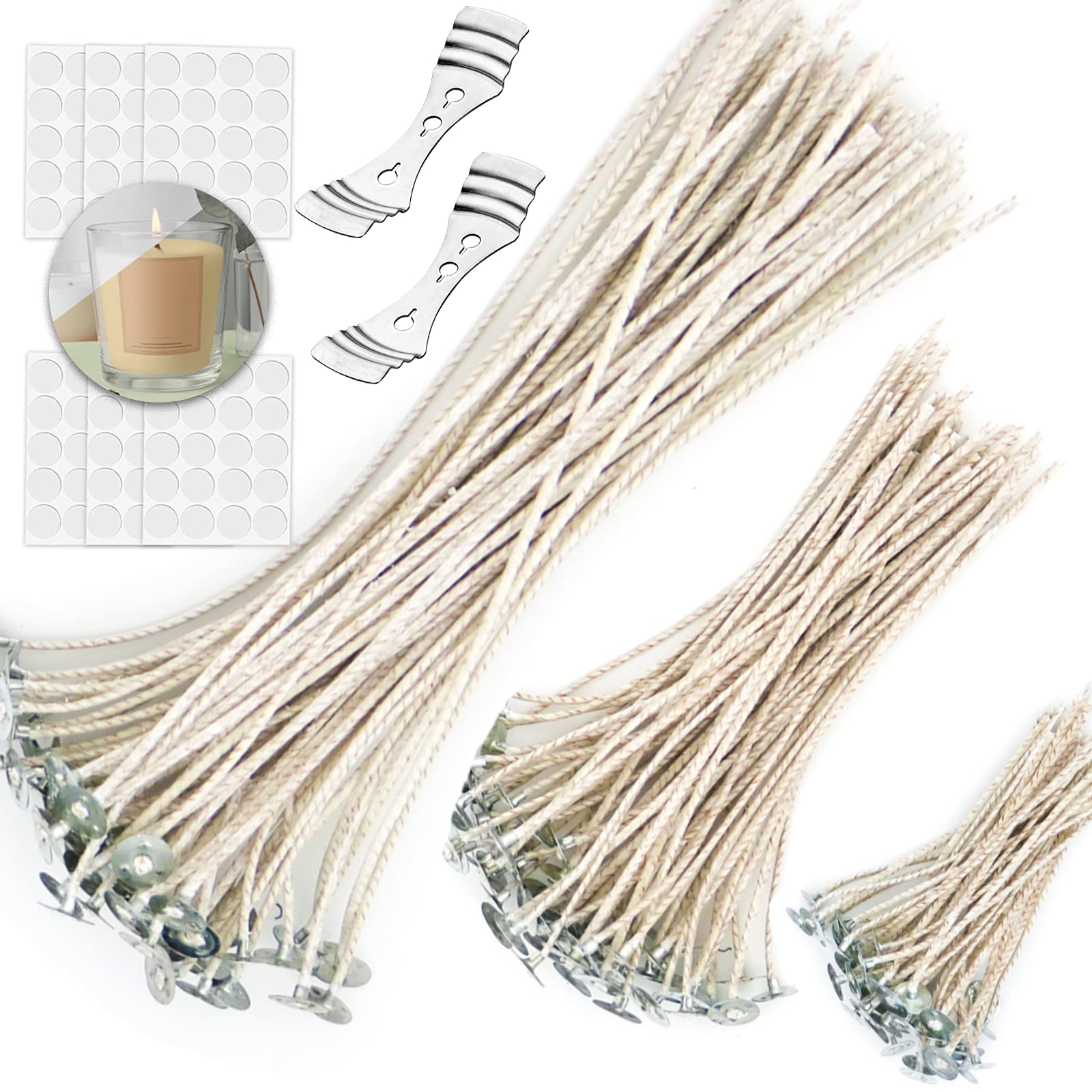 KOOLPUG Candle Wicks, 120 Pcs Organic Soy Pre Waxed Cotton Candle Wicks with 2Pcs Wick Holder, Vegan Friendly Perfect for DIY Candle Making (10cm, 15cm, 20cm)