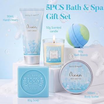 Gifts for Women, Bath and Body Womens Gift Sets with 5 Pcs Ocean Scented Spa Gifts for Women Bath Gift with Scented Candle Body Butter Hand Cream Bath Bomb Mothers Day Gifts