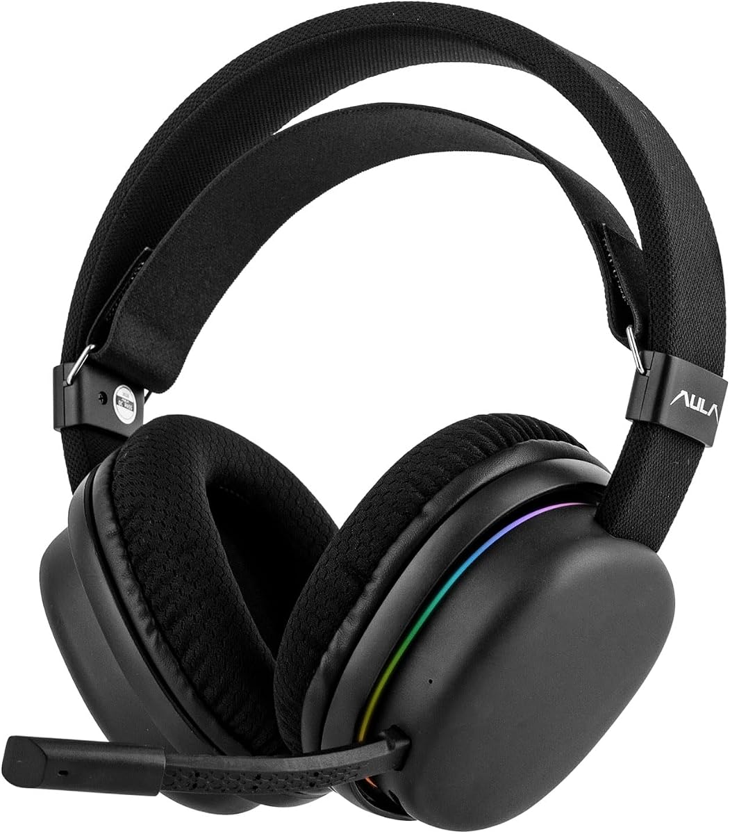 Aula G7 Wireless Gaming Headset for PS4/PS5/PC/Switch, Over-Ear Headphones with Detachable Noise Canceling Mic, RGB, Surround Sound, 60H Battery, 2.4GHz/BT/Wired (Black)