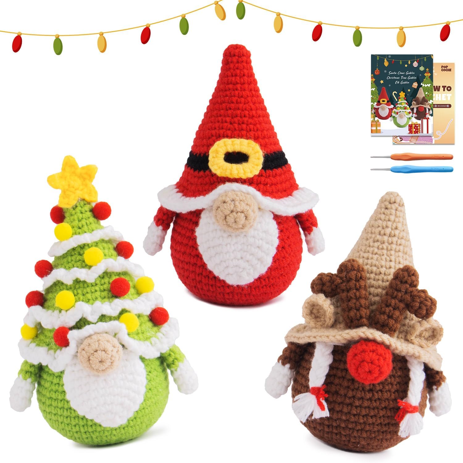 POP COCHE Christmas Crochet Kit for Beginners, Crochet Starter Kits for Adults, Amigurumi Craft Knitting Crochet Animal Kit with Step-by-Step Video Tutorials, 3 Christmas Gnomes (40%+ Yarn)