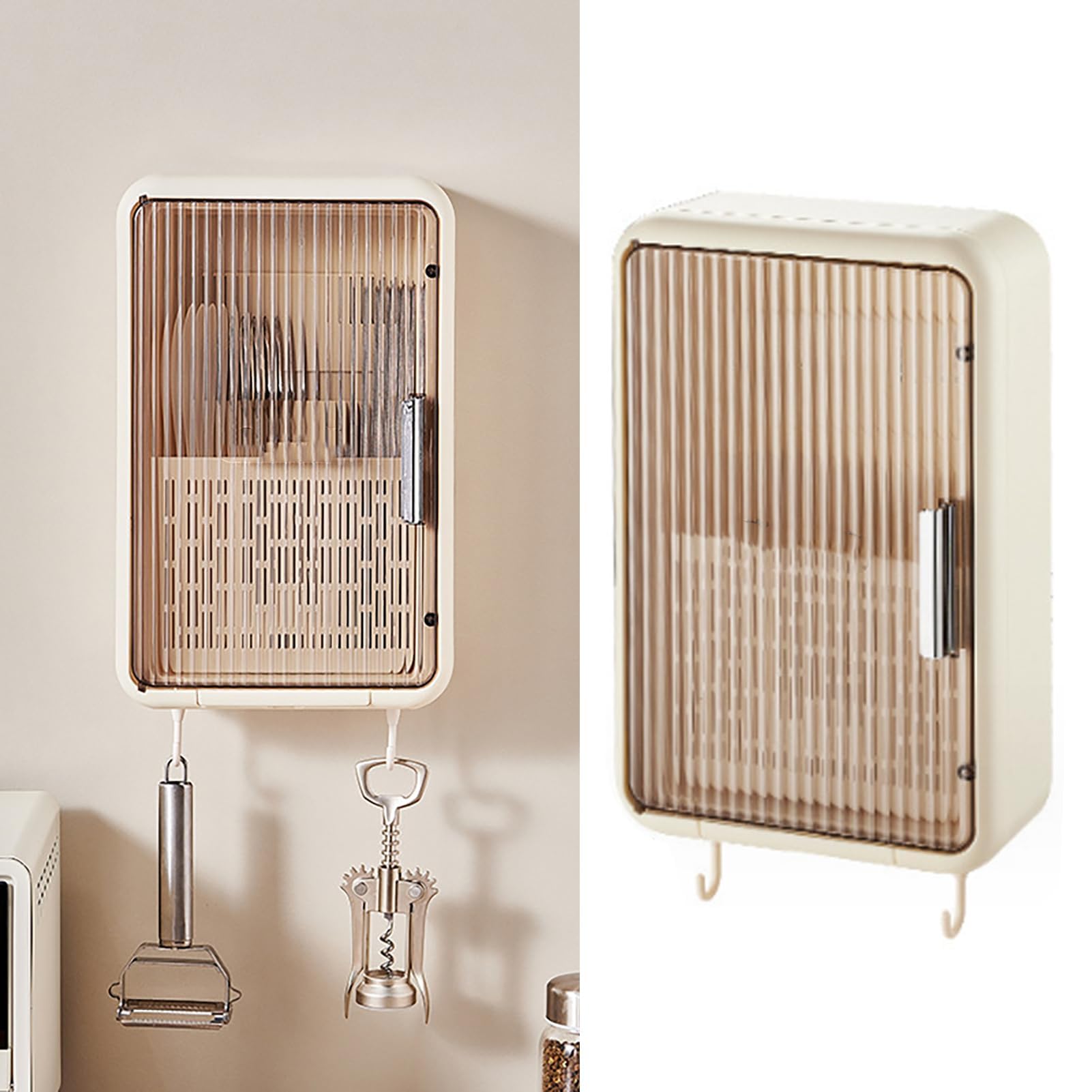 TOPINCN Organiseur mural pour baguettes drainant et anti-poussière avec couvercle, convient pour louches, fourchettes et plus (couleur crème)
