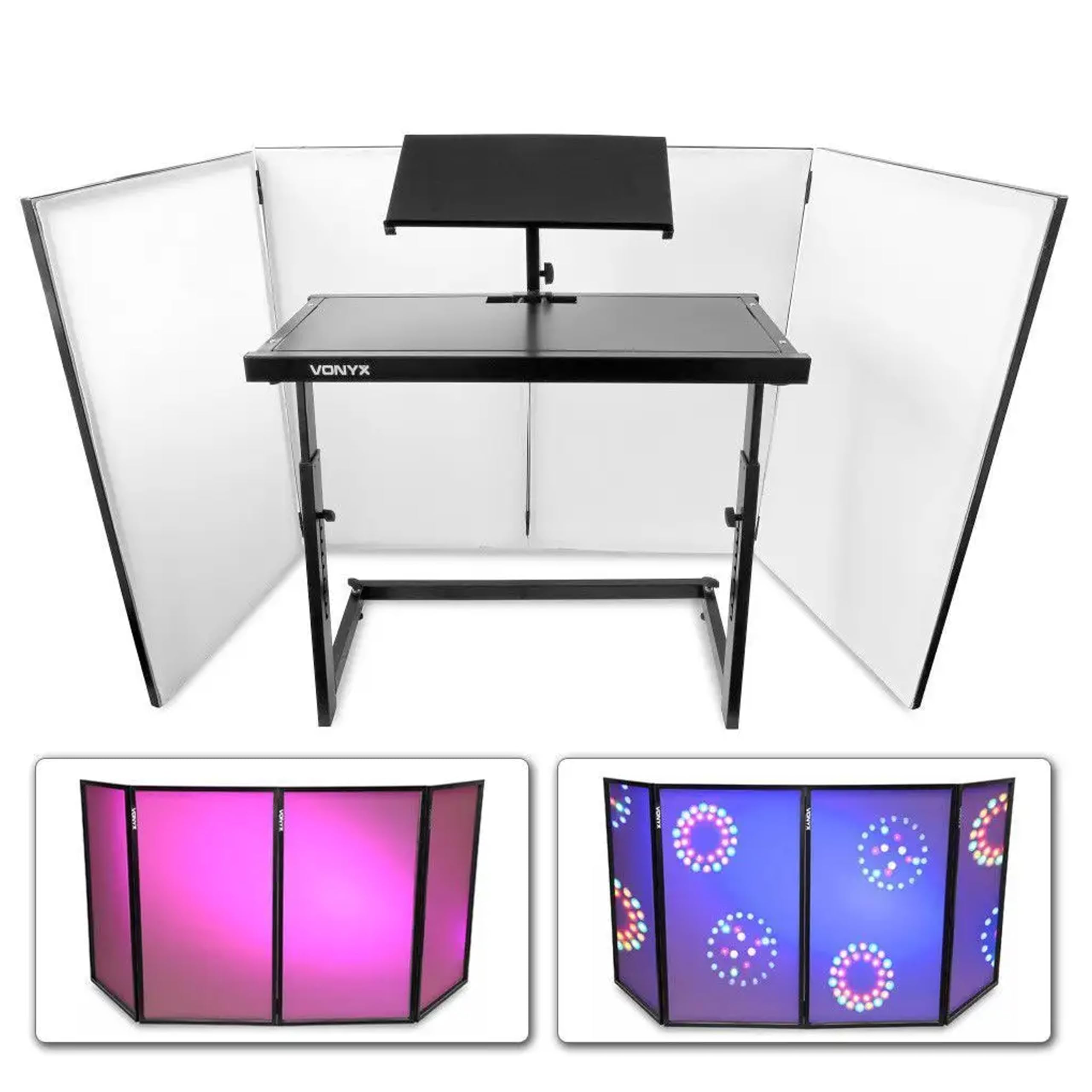 Vonyx cabina DJ plegable con mueble ajustable y pantalla frontal, estructura portátil con mesa y meseta inclinable, lycra elástica, ideal para DJ móvil y eventos