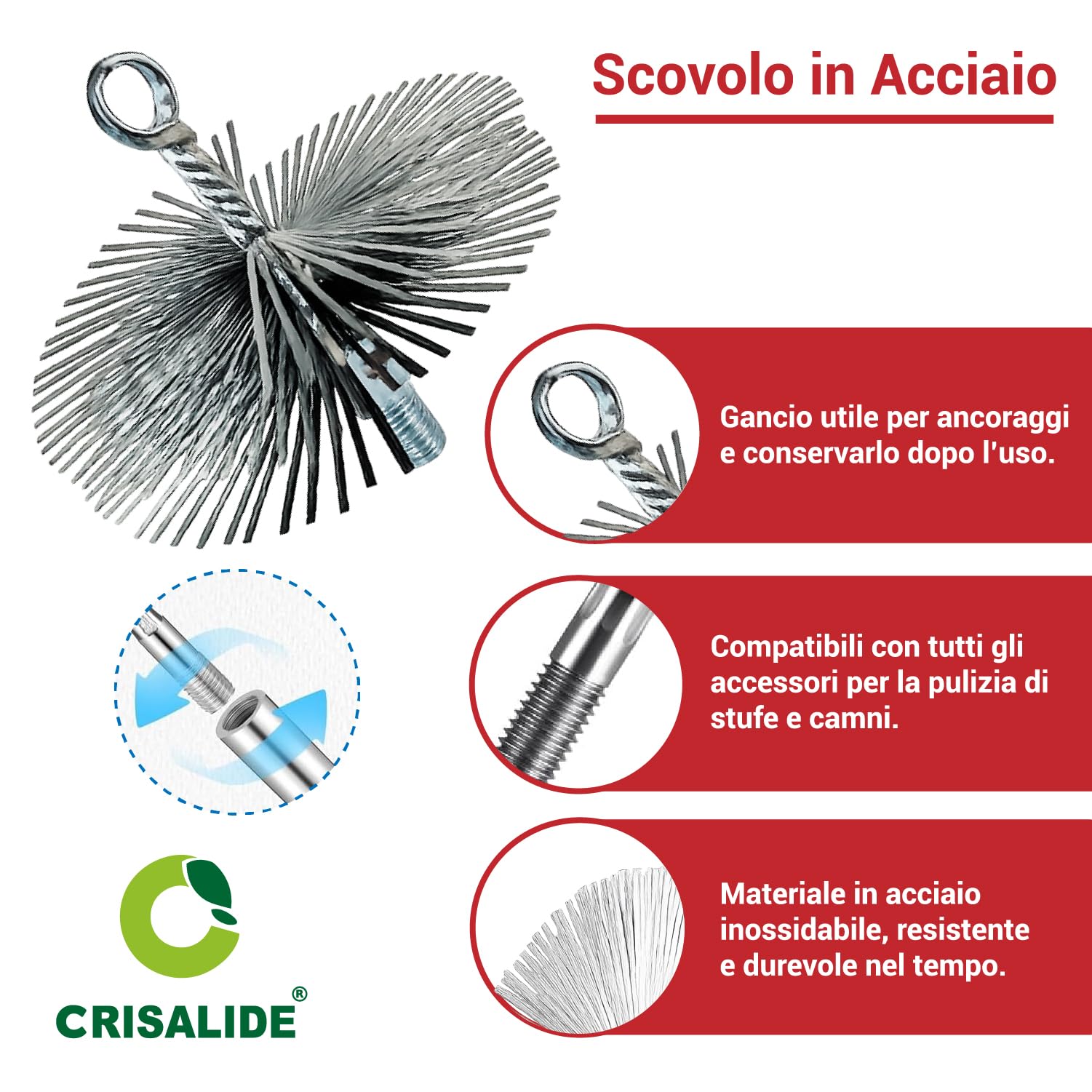 Crisalide® Scovolo per Camini e Stufe in Acciaio Inox – 6 Dimensioni – Kit con 6, 12 o 18 Aste da 100 cm – Spazzola Spazzacamino con Attacco a Vite Universale – Flessibile (12 cm, 18 As)