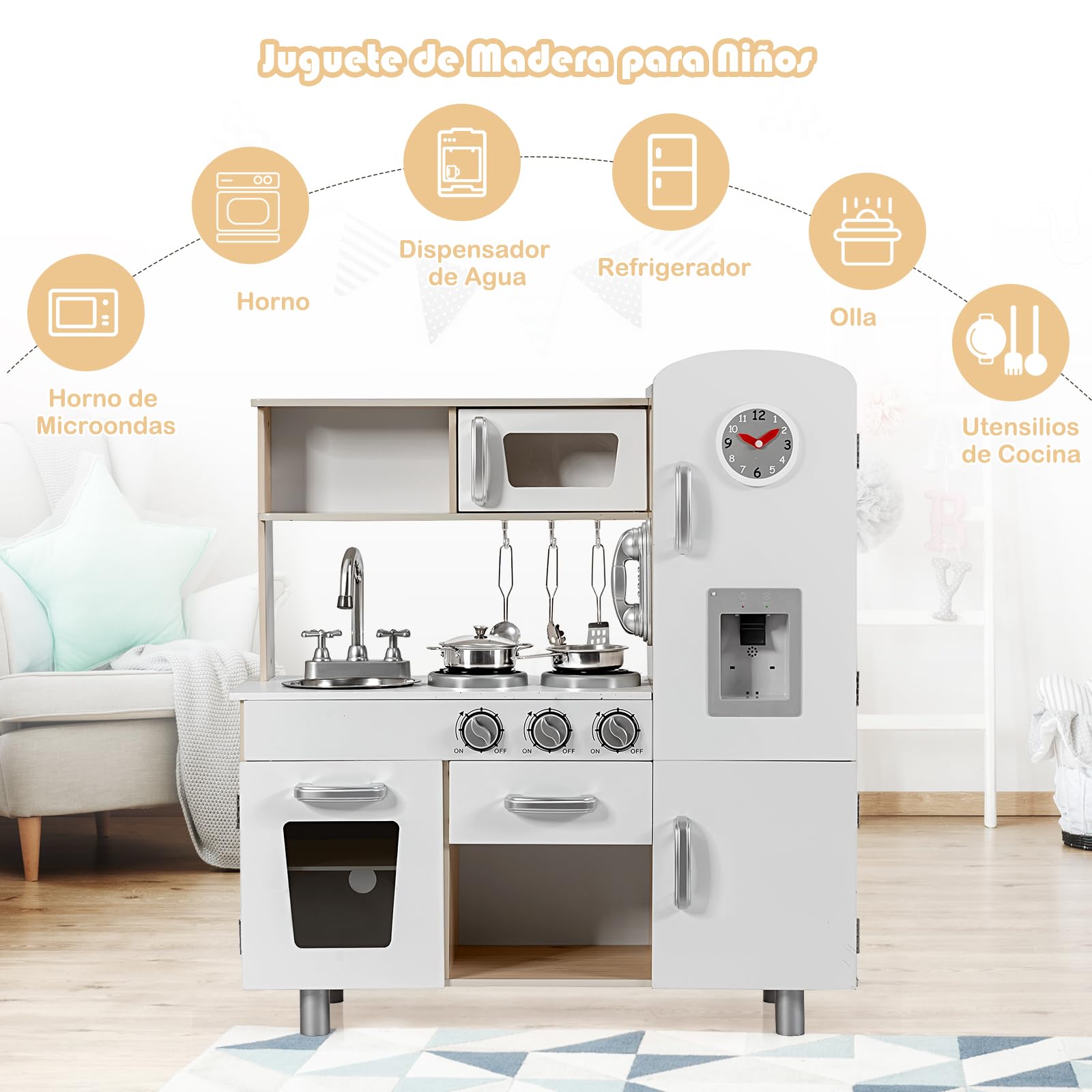COSTWAY Cocina Juguete de Madera con Teléfono, Cocinita de Madera Infantil con Nevera, Microondas, Fregadero Desmontable, Dispensador de Agua con Luz y Sonido, Cocina Infantil para Niños (Natural)