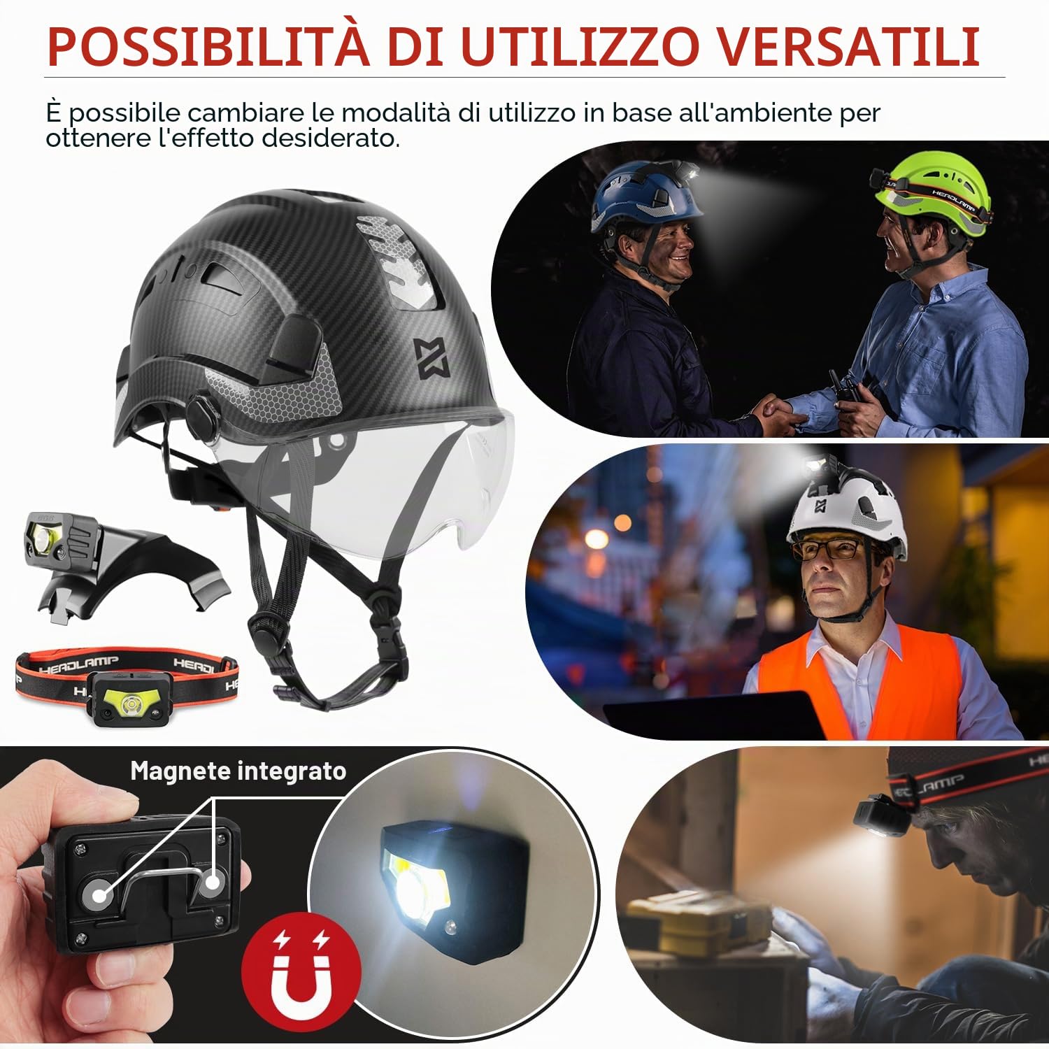 HEARMOR Casco industriale per adulti con faro a LED, con certificazione EN12492, certificazione EN12492, assorbimento degli urti e resistenza alla penetrazione EN397