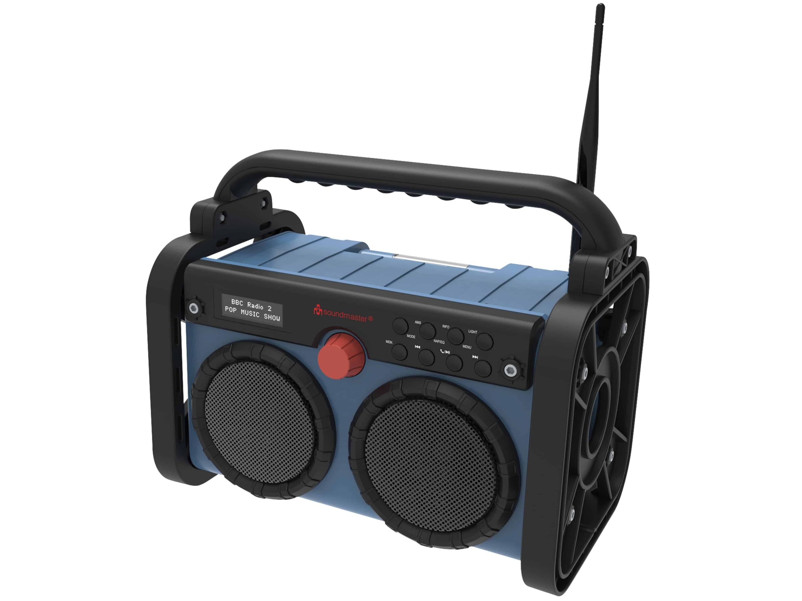 Soundmaster DAB85BL Radio Estéreo para obras de jardín, radio digital DAB+ UKW-RDS, Bluetooth, batería de ion de litio IP44, resistente al polvo y salpicaduras