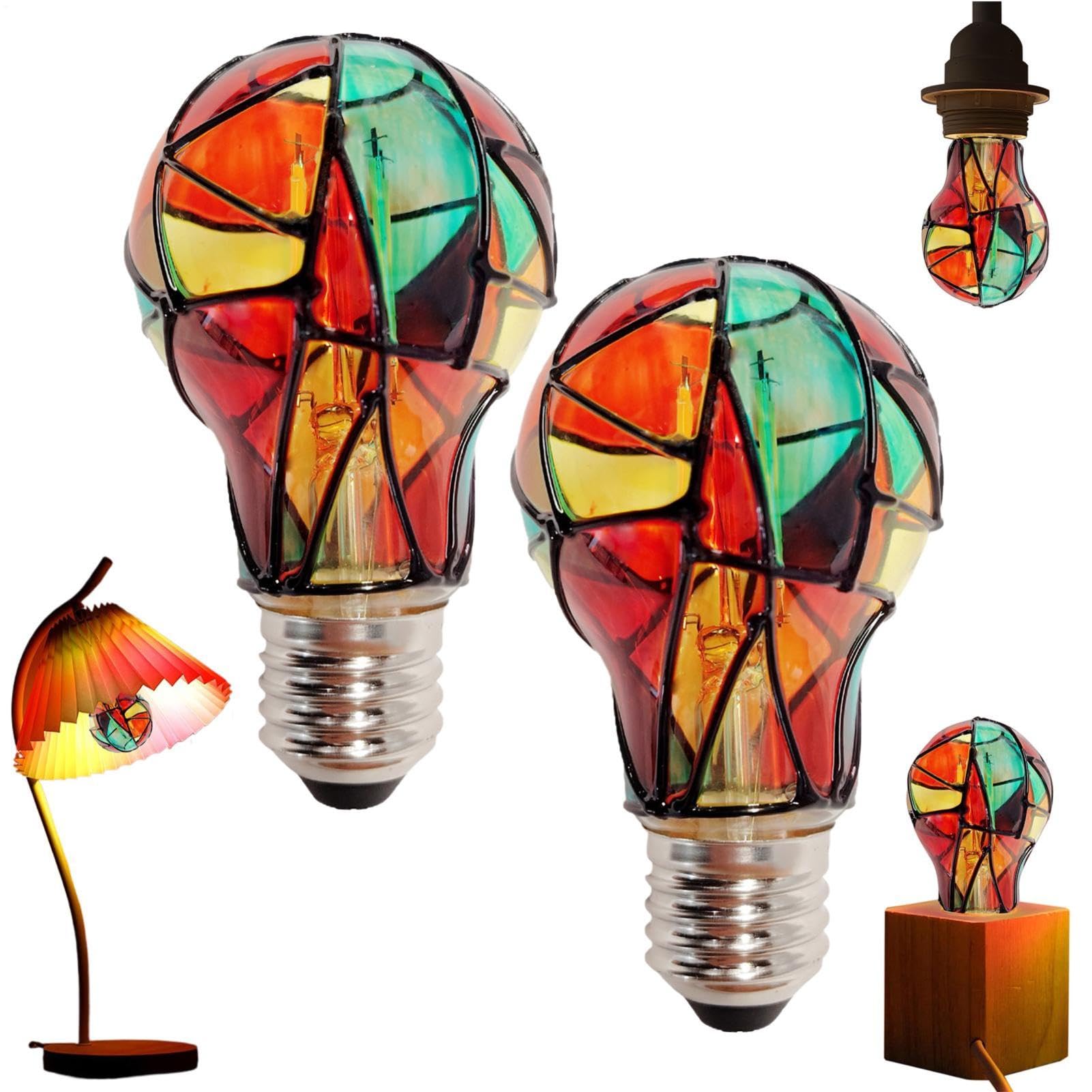 2PCS Vintage Stained Glass Light Bulb, E27 Colored Mosaic Christmas Light