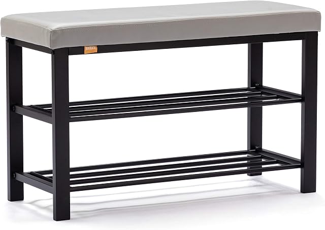 HNNHOME® Canopus ławka na buty, 3-poziomowy regał na buty organizer z wyściełaną poduszką siedzisko, stalowa rama, do przedpokoju, salonu industrialny akcent meble 81 × 32 × wys. 50 cm (jasnoszary, sztuczna