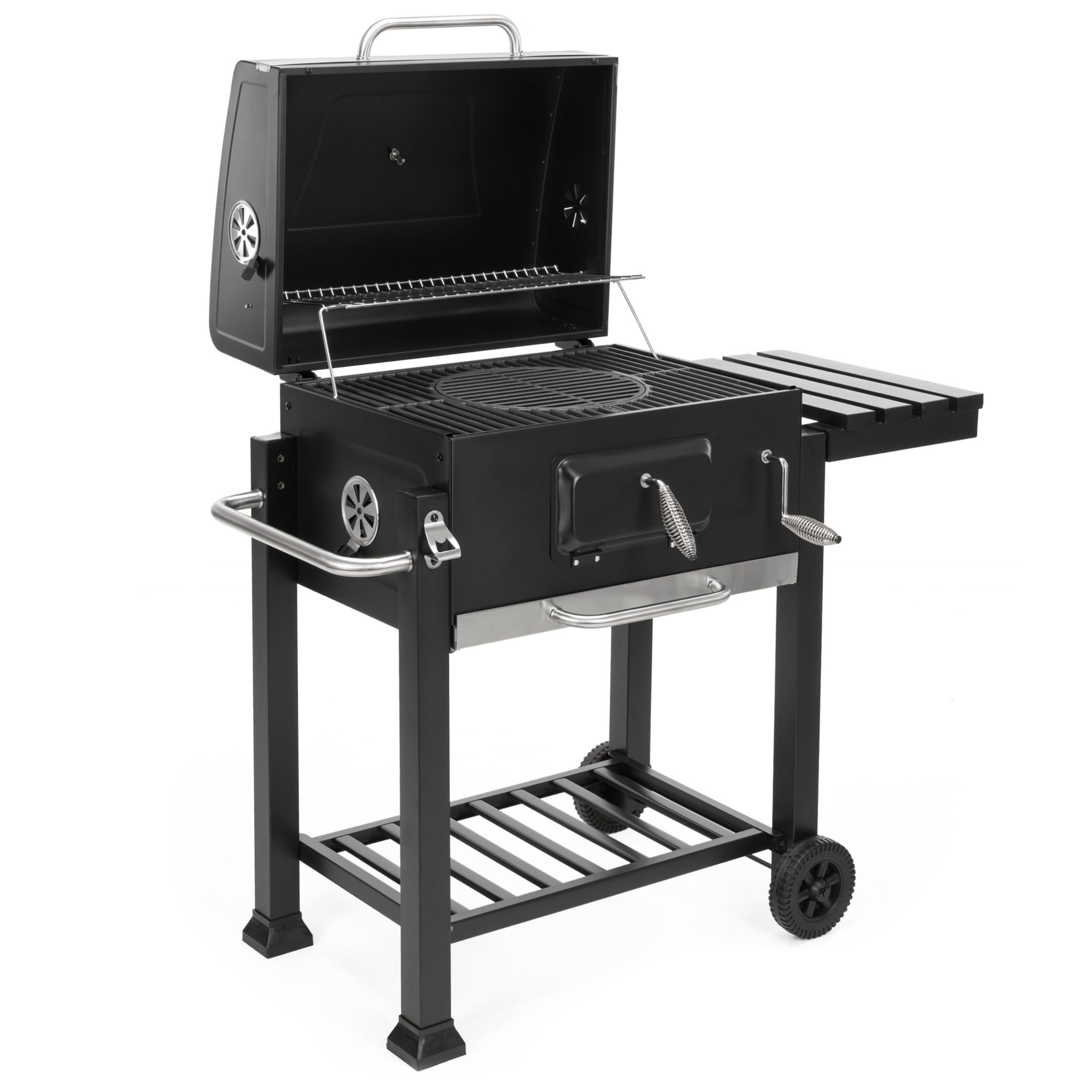 Springos Barbacoa de carbón vegetal con ruedas, bandeja de carbón ajustable en altura, termómetro, rejilla para calentar el calor, estantes laterales, barbacoa, ahumador, barbacoa de jardín para