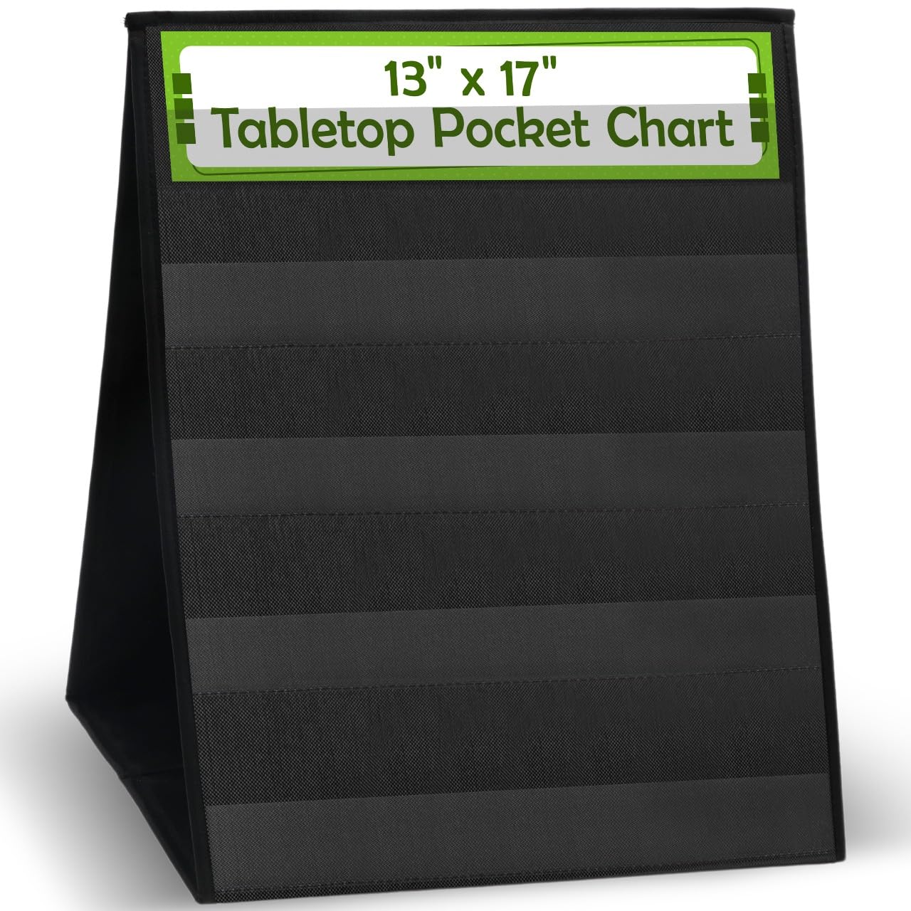 Essex Wares – 1 Pack - 13" Wide x 17" Tall Tabletop Pocket Chart, Black - Double Sided with 5 Straps Each- Ultra-Durable Pocket Chart Stand for