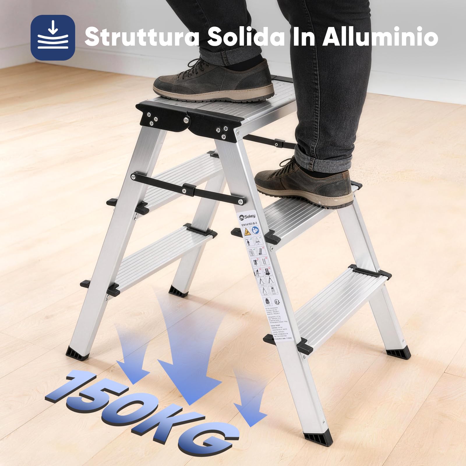 Sekey Scala Alluminio Pieghevole 3 Gradini, Scala Bilaterale Accessibile, Gradini Antiscivoli In Alluminio, Per Uso Domestico E Casa, TÜV & SGS EN131 EN14183, Portata Massima 150 Kg