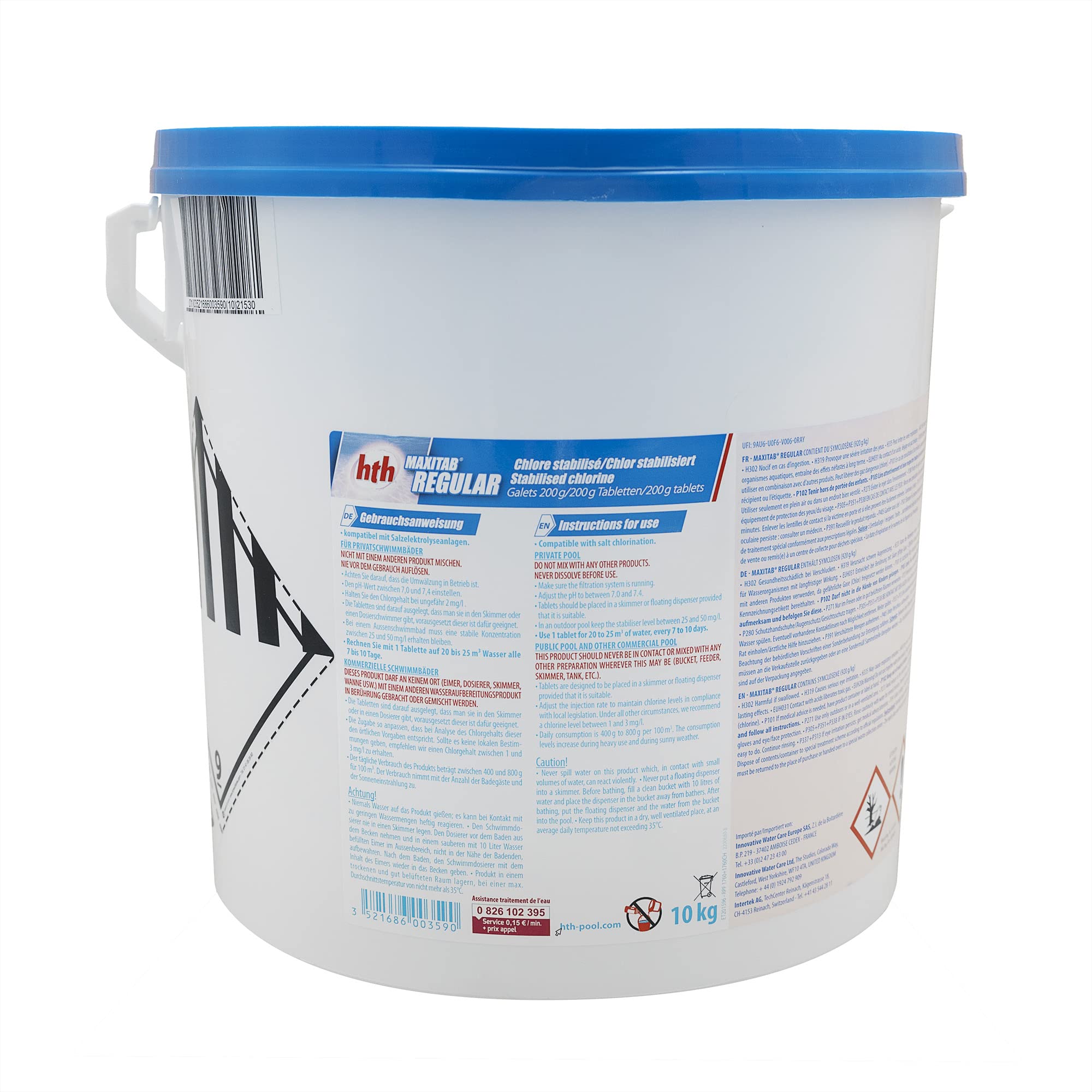 HTH MAXITAB Regular Galet 200g - 10kg | Chlore Lent Stabilisé - Désinfection Régulière - Dissolution Lente + 10 Tests HPS OFFERTS 6 en 1